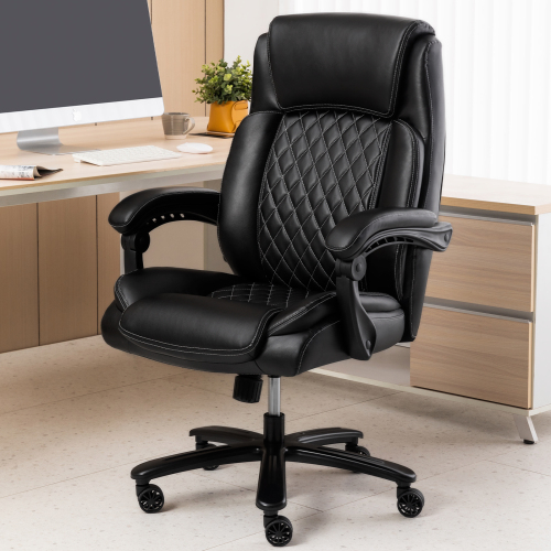 Executive Office Chair - 400lbs Heavy Duty Office Chair, Wide Seat Bonded Leather Office Chair with 30-Degree Back Tilt & Lumbar Support (Black)