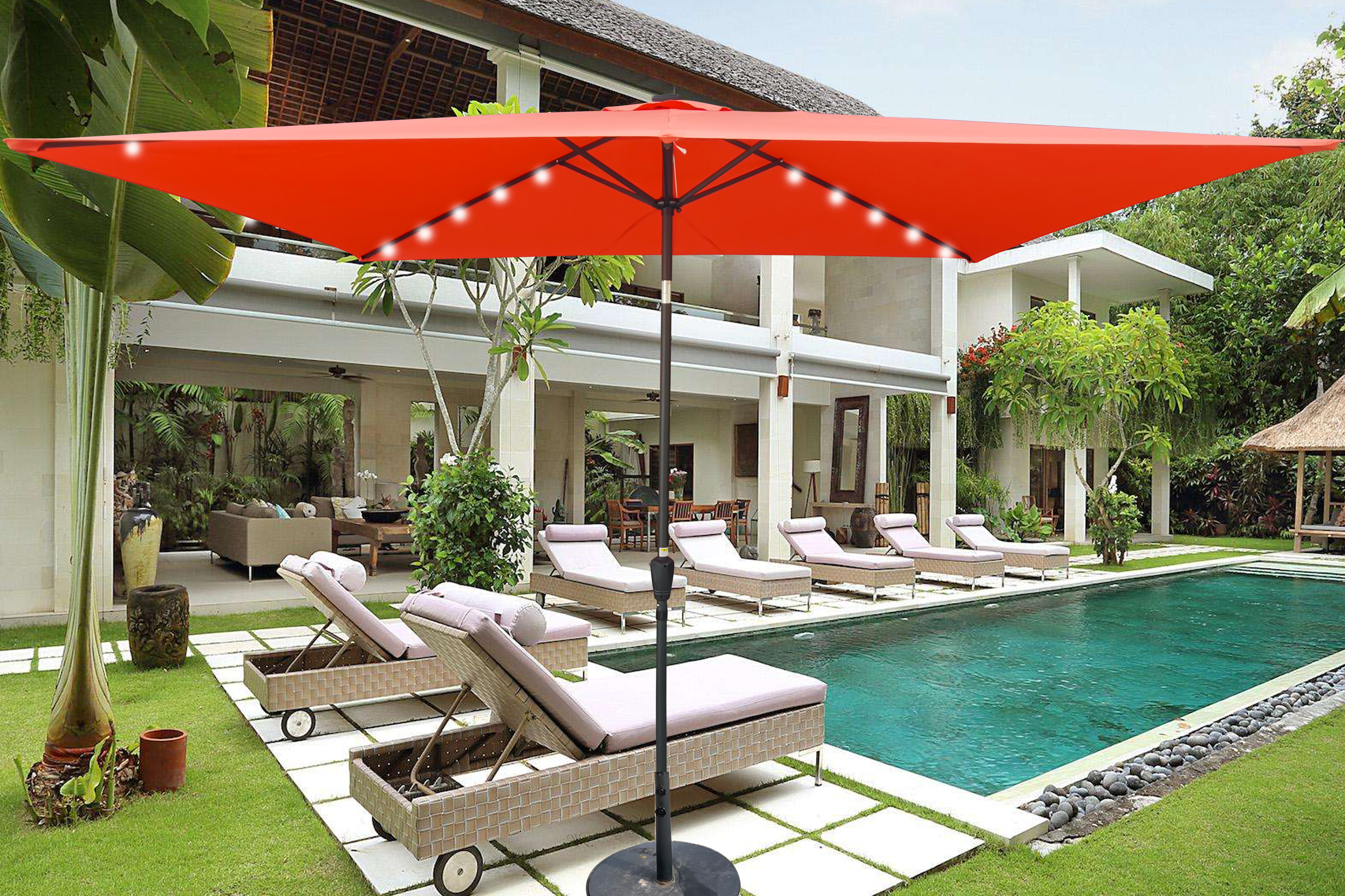 10 x 6.5t Rectangular Patio Solar LED Lighted Outdoor Umbrellas with Crank and Push Button Tilt for Garden Backyard Pool Swimming Pool