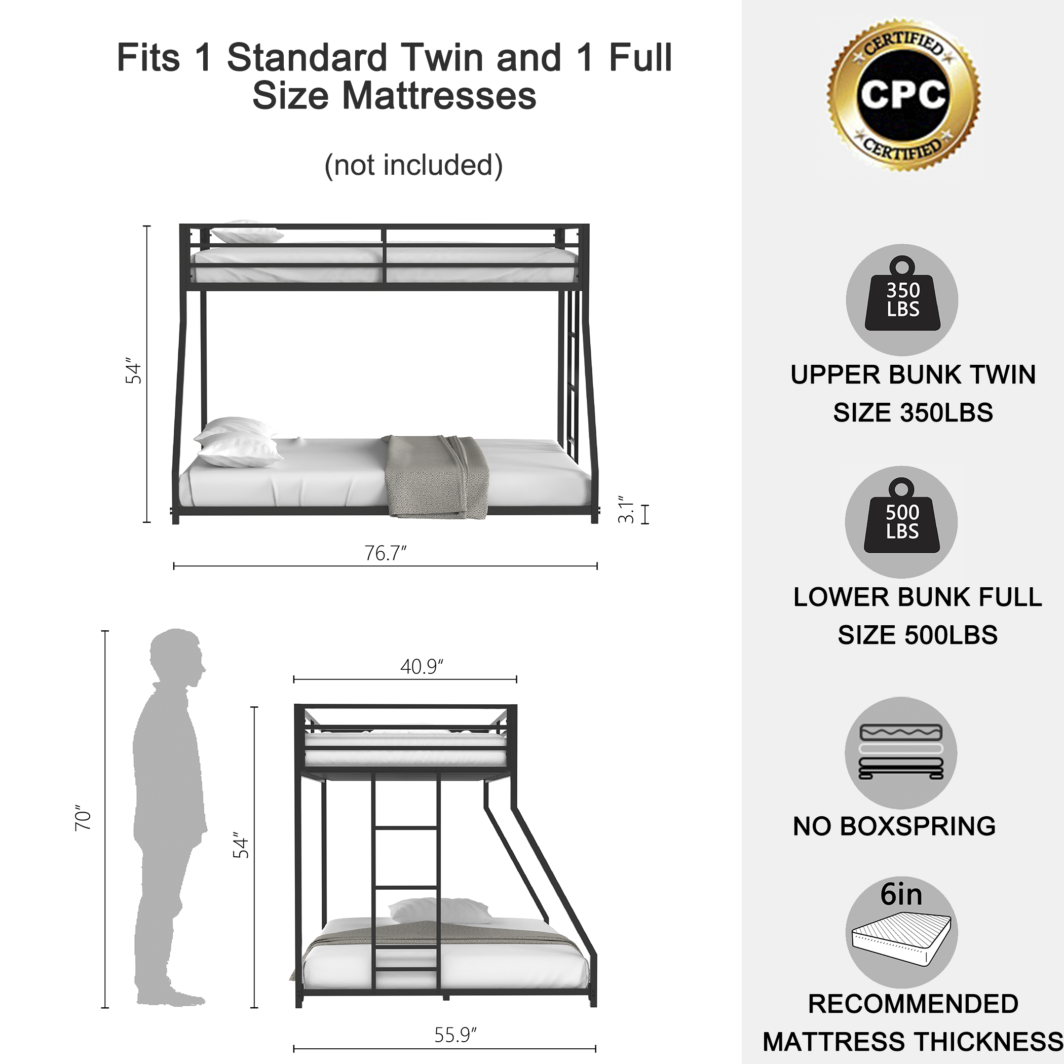 Same as 	B083P152992 & B083124171 Adam Twin Over Full Metal Bunk, Black