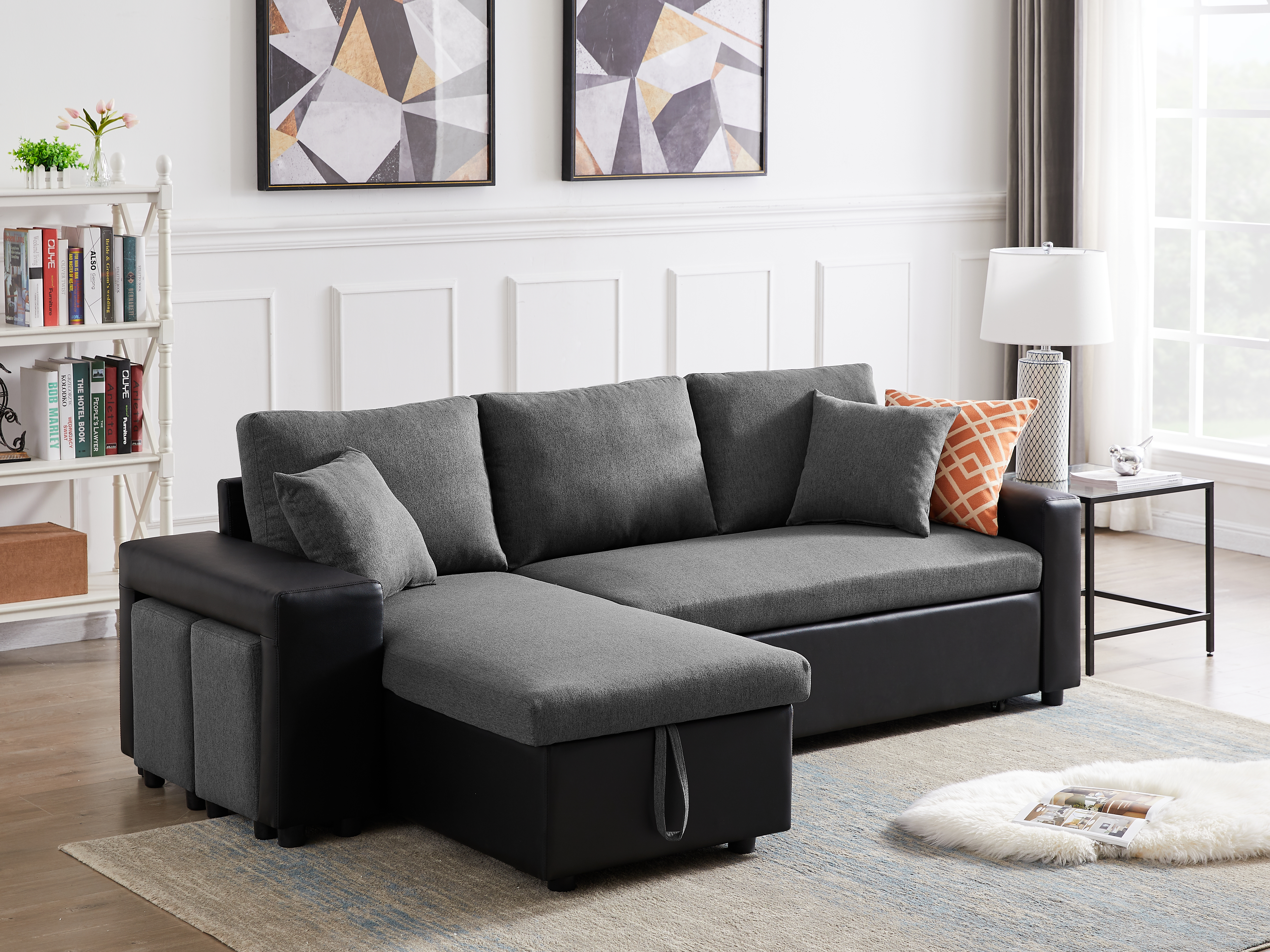 Artemax 92.5&ldquo;Linen Reversible Sleeper Sectional Sofa with storage and 2 stools Steel Gray-Boyel Living