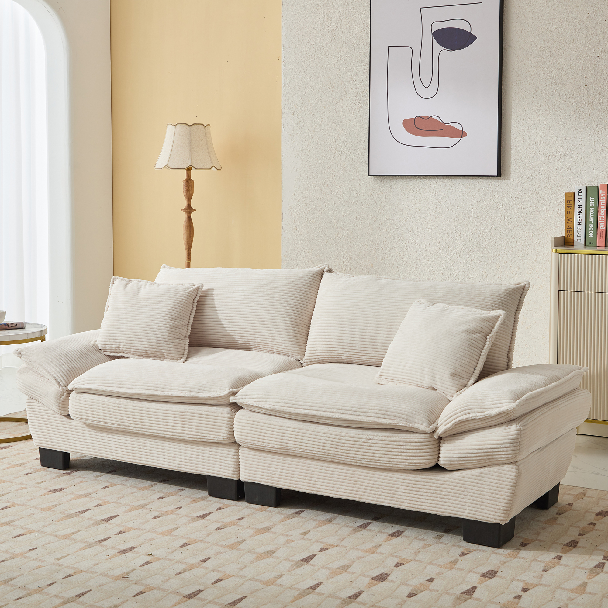 Corduroy Sofa Sleeper Couch Loveseat Sofa with Pillows Comfy Upholstered Deep Seat Sofa for Bedroom,Living Room,Apartment,Office,Dorm-Beige Corduroy