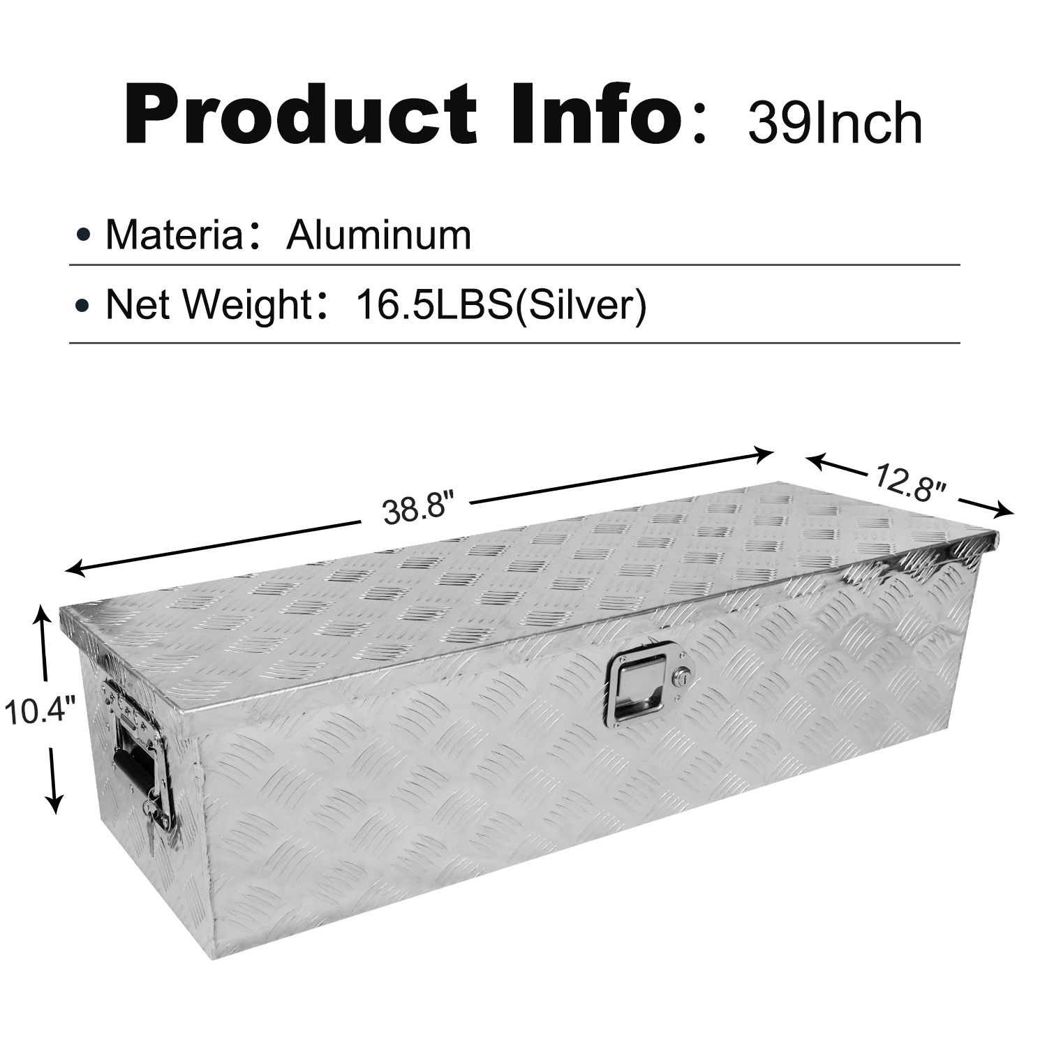 39 Inch Truck Bed Tool Box Aluminum Heavy Duty Trailer Tool Box for Pickup Truck Bed RV Toolbox with Handle and Lock - Silver