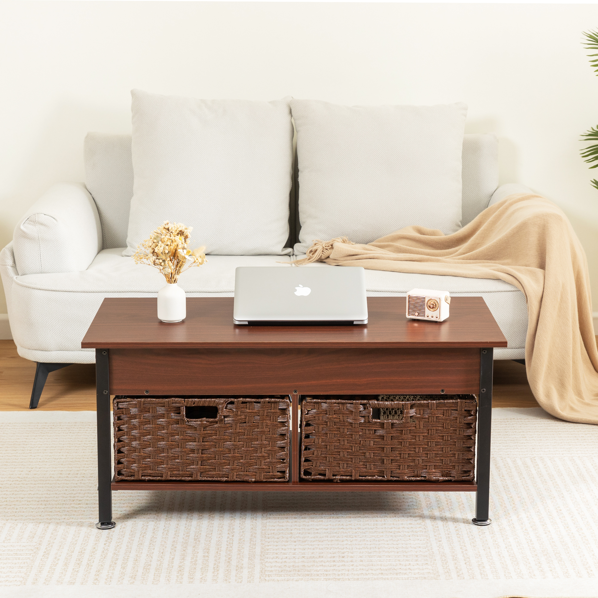 Metal coffee table,desk,with a lifting table,and hidden storage space.There were two removable wicker baskets that could be placed in any space such as the living room,color:brownwith solid wood grain