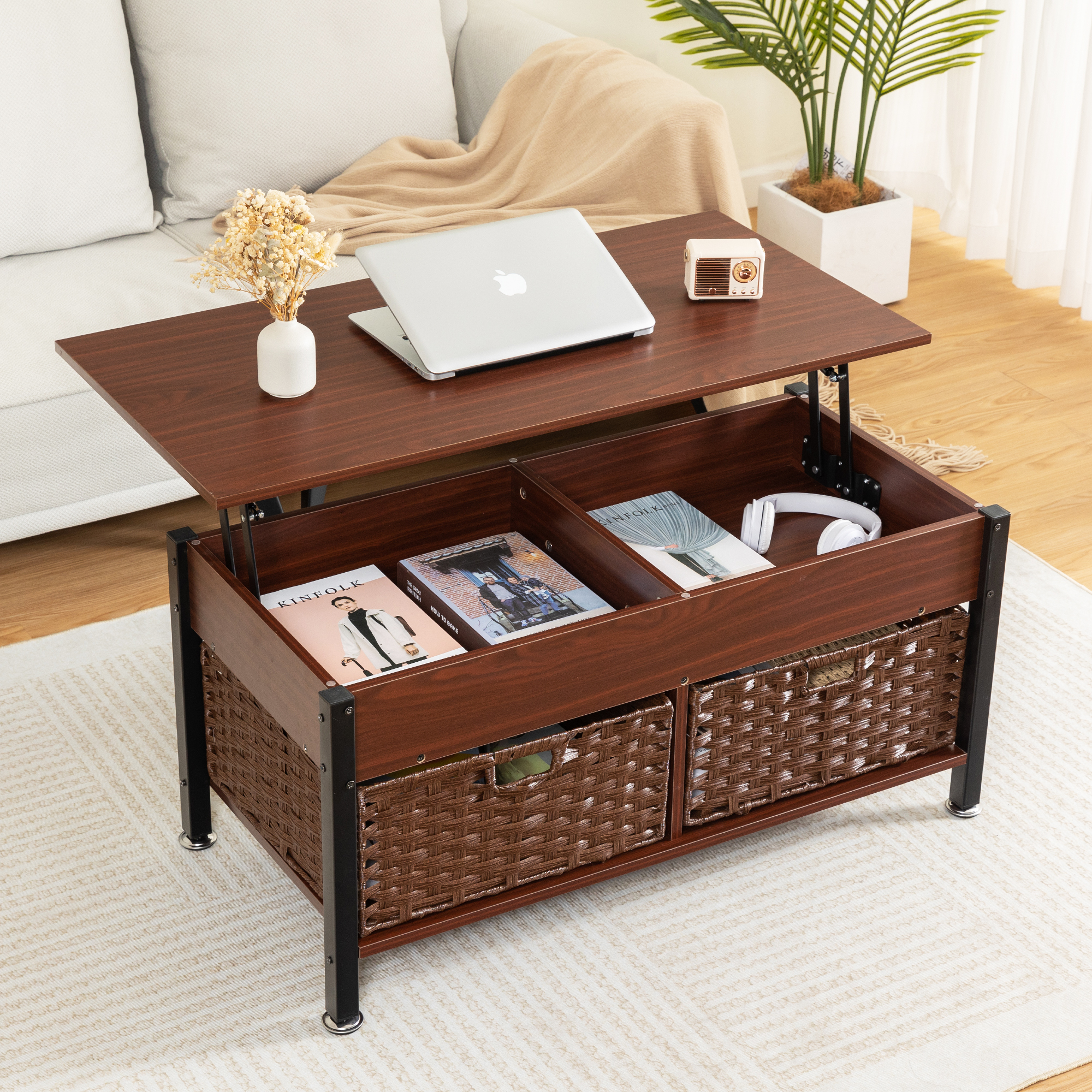 Metal coffee table,desk,with a lifting table,and hidden storage space.There were two removable wicker baskets that could be placed in any space such as the living room,color:brownwith solid wood grain