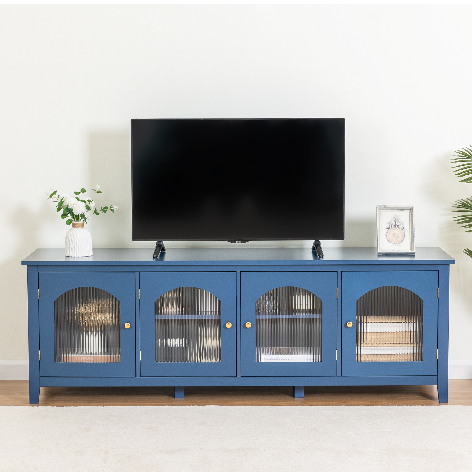 71-inchstylishTVcabinet Entertainment CenterTV stand,TVConsoleTable, Media Console,solidwood frame,Changhong glass door,Metal handle,antique blue,canbeplacedin the children's room,bedroom Living Room