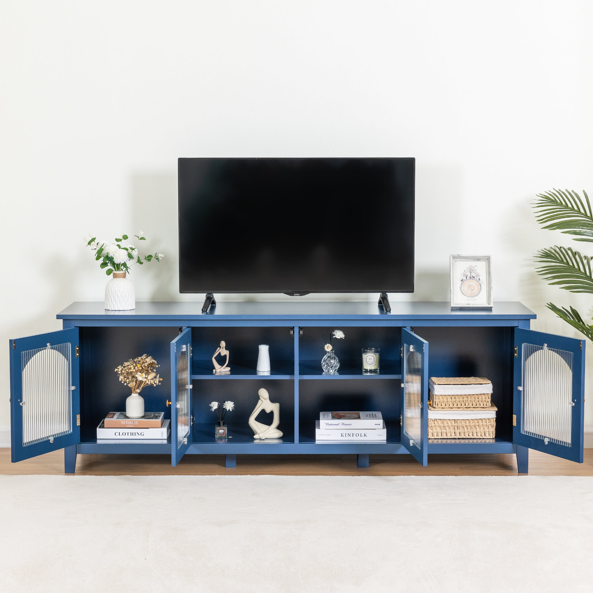 71-inchstylishTVcabinet Entertainment CenterTV stand,TVConsoleTable, Media Console,solidwood frame,Changhong glass door,Metal handle,antique blue,canbeplacedin the children's room,bedroom Living Room