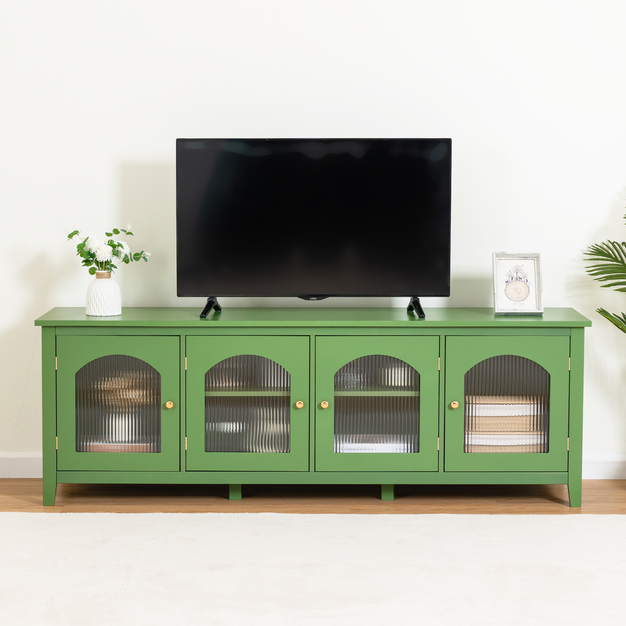 71-inchstylishTVcabinet Entertainment CenterTV stand,TVConsoleTable, Media Console,solidwood frame,Changhong glass door,Metal handle,antique green,canbeplacedin the children's room,bedroom Living Room