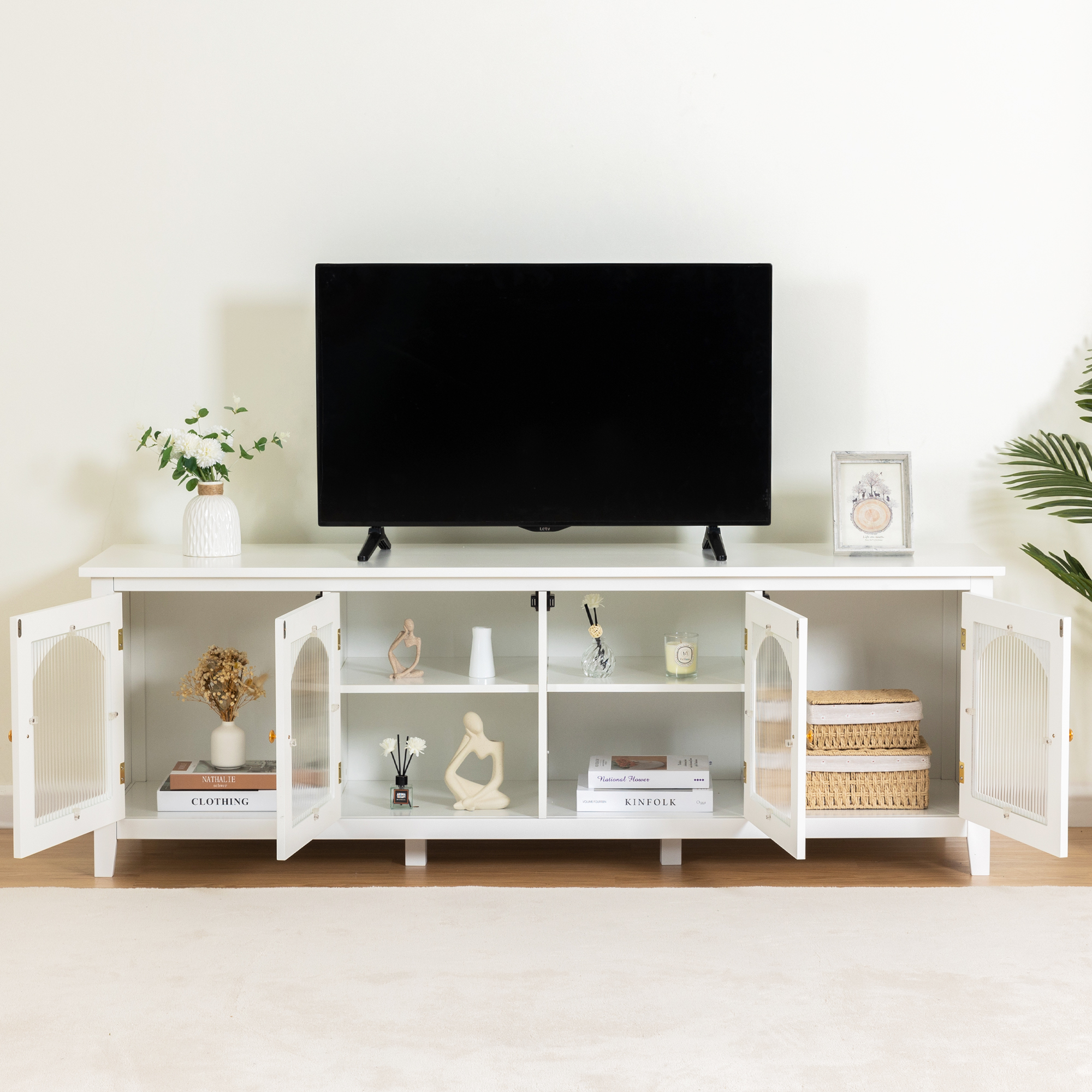 71-inchstylishTVcabinet Entertainment CenterTV stand,TVConsoleTable, Media Console,solidwood frame,Changhong glass door,Metal handle,antique white,canbeplacedin the children's room,bedroom Living Room