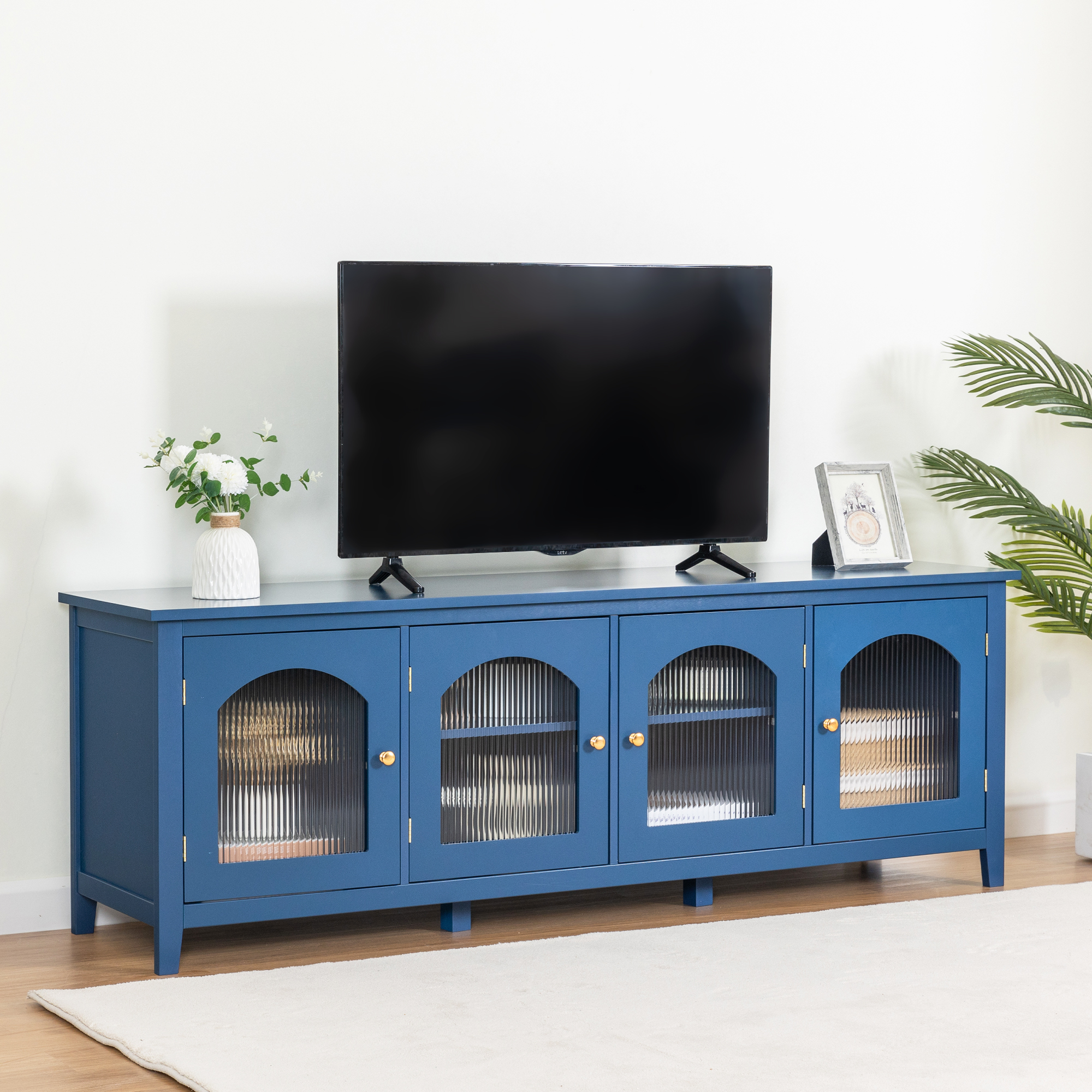 71-inchstylishTVcabinet Entertainment CenterTV stand,TVConsoleTable, Media Console,solidwood frame,Changhong glass door,Metal handle,antique blue,canbeplacedin the children's room,bedroom Living Room