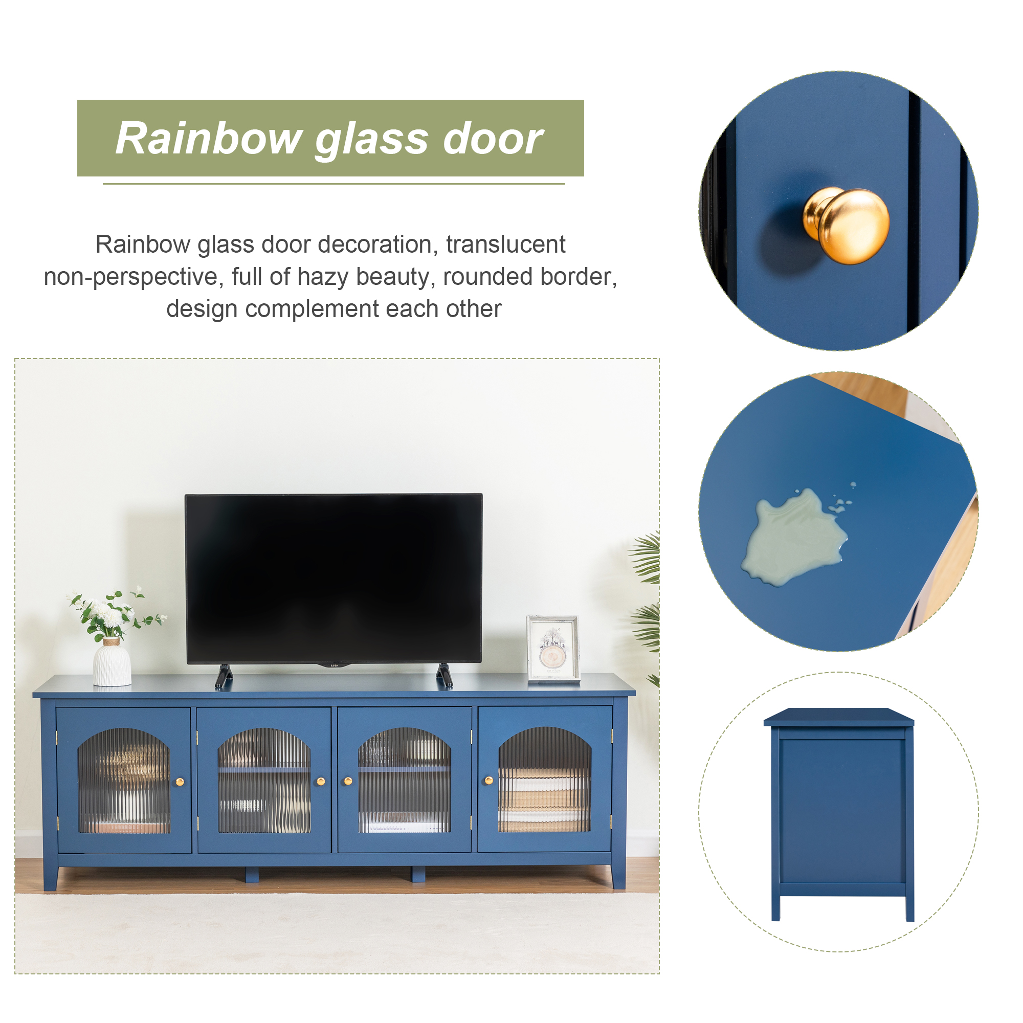 71-inch stylishTVcabinet Entertainment CenterTV stand,TVConsoleTable, Media Console,solidwood frame,Changhong glass door,Metal handle,antique blue,for the children's room,bedroom Living Room