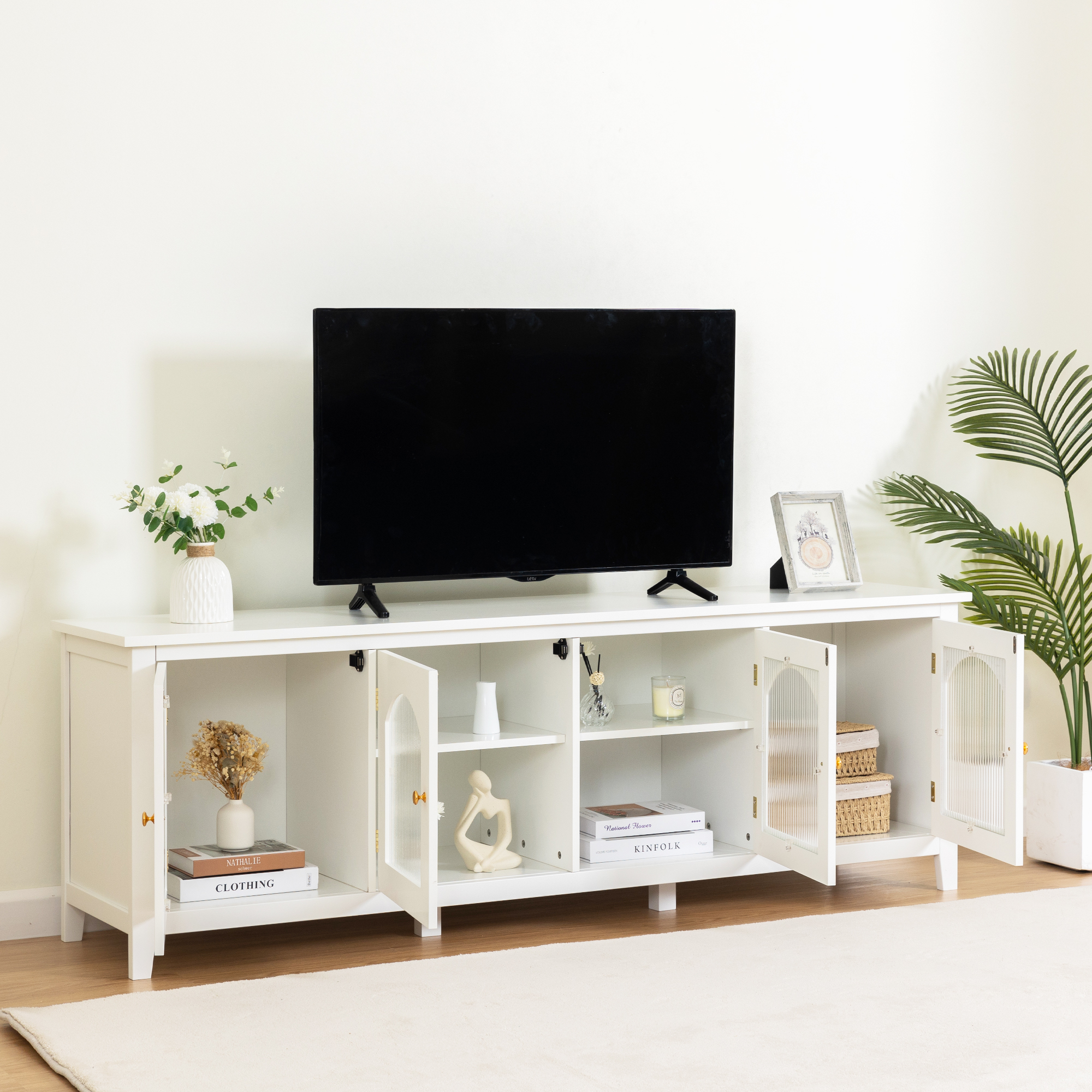 71-inchstylishTVcabinet Entertainment CenterTV stand,TVConsoleTable, Media Console,solidwood frame,Changhong glass door,Metal handle,antique white,canbeplacedin the children's room,bedroom Living Room