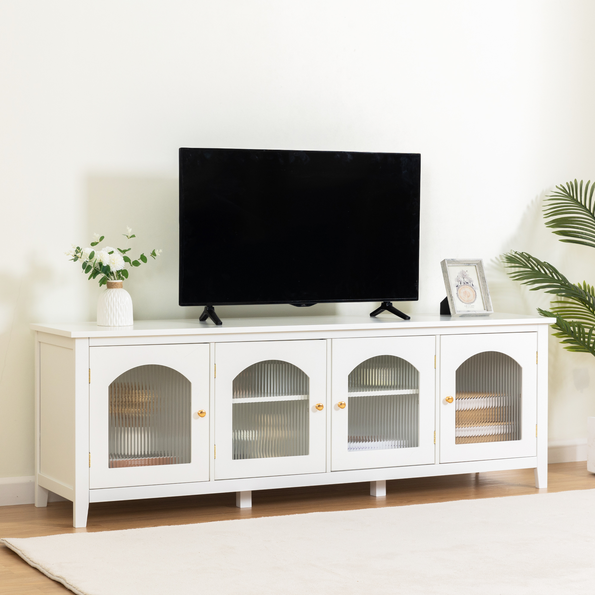 71-inchstylishTVcabinet Entertainment CenterTV stand,TVConsoleTable, Media Console,solidwood frame,Changhong glass door,Metal handle,antique white,canbeplacedin the children's room,bedroom Living Room