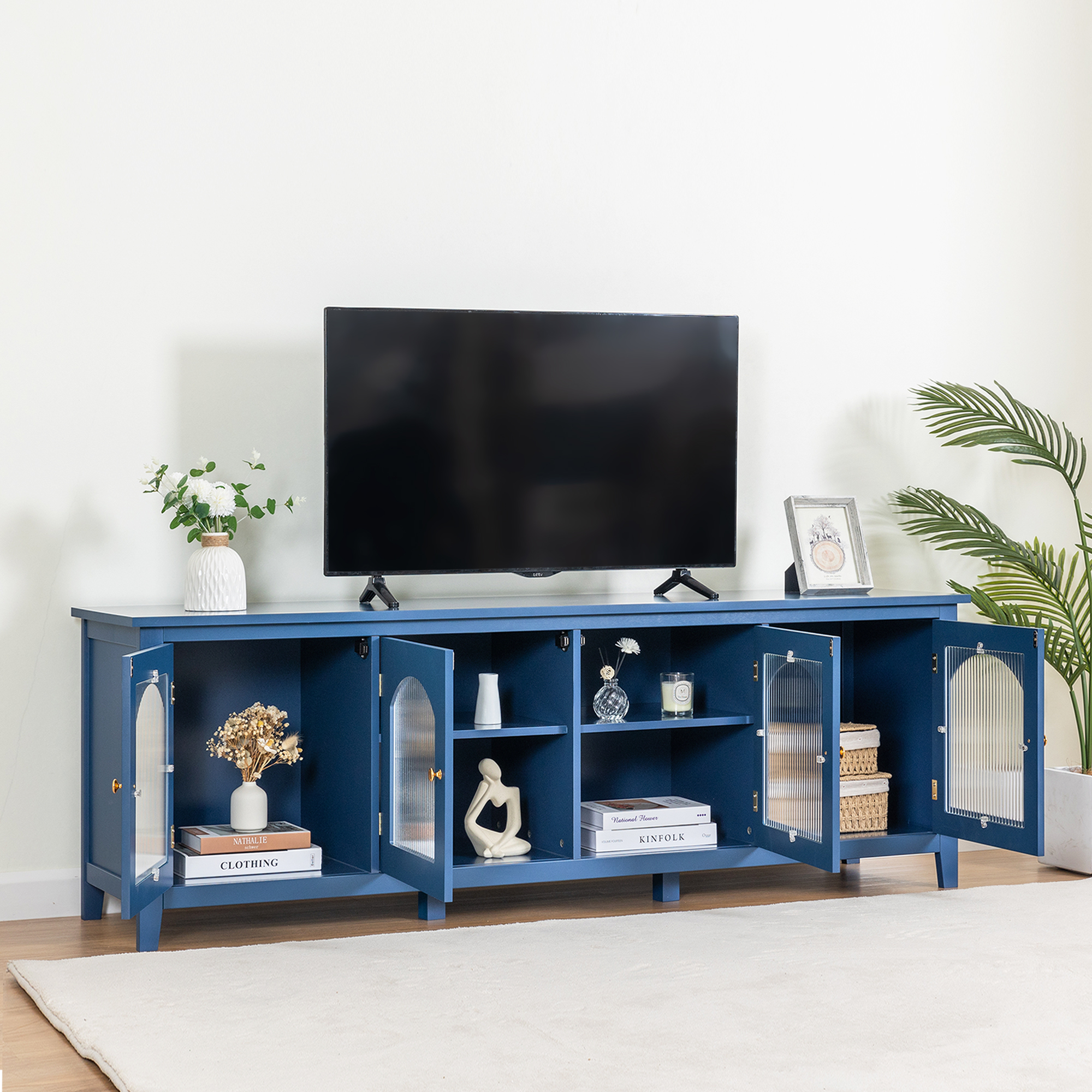 71-inchstylishTVcabinet Entertainment CenterTV stand,TVConsoleTable, Media Console,solidwood frame,Changhong glass door,Metal handle,antique blue,canbeplacedin the children's room,bedroom Living Room