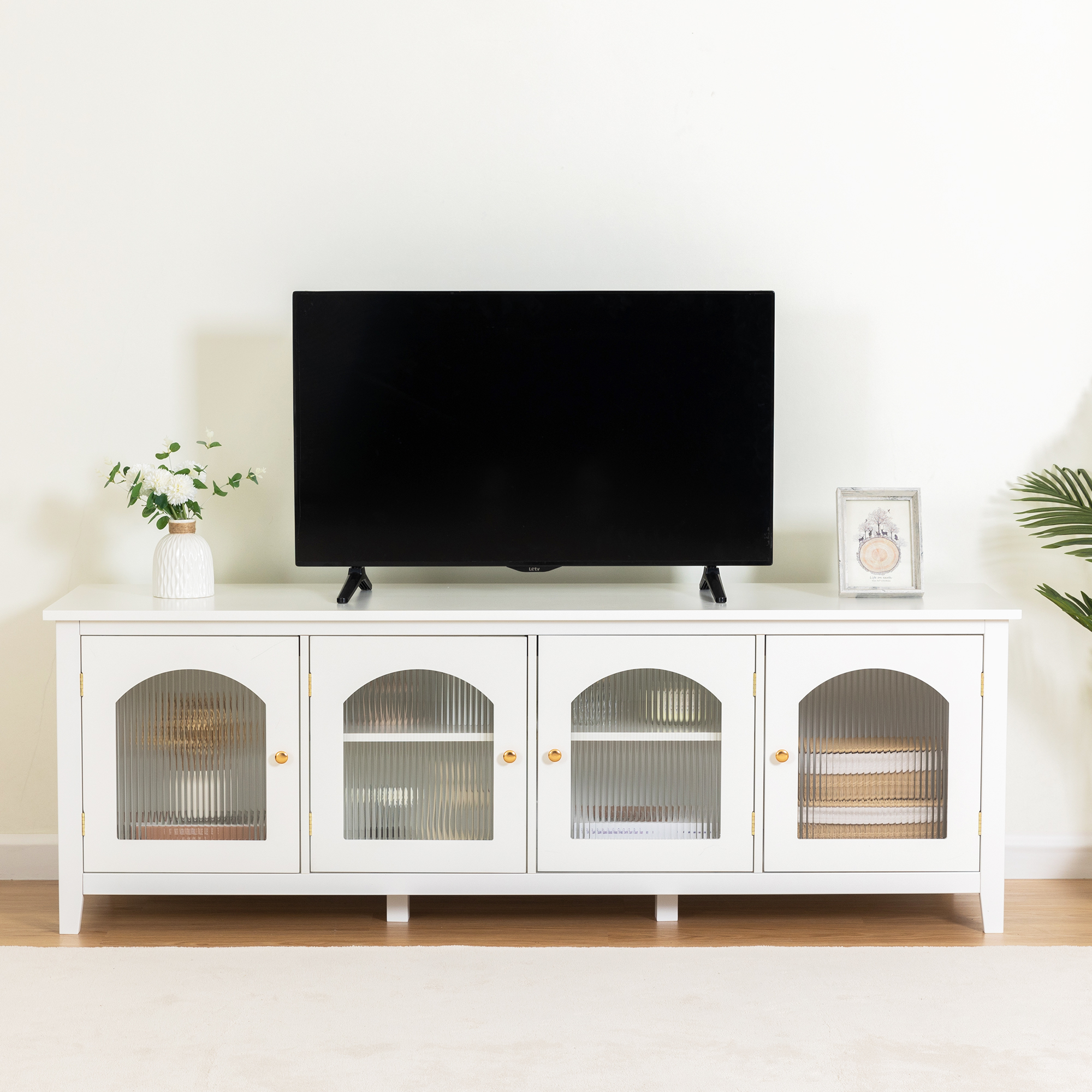 71-inchstylishTVcabinet Entertainment CenterTV stand,TVConsoleTable, Media Console,solidwood frame,Changhong glass door,Metal handle,antique white,canbeplacedin the children's room,bedroom Living Room