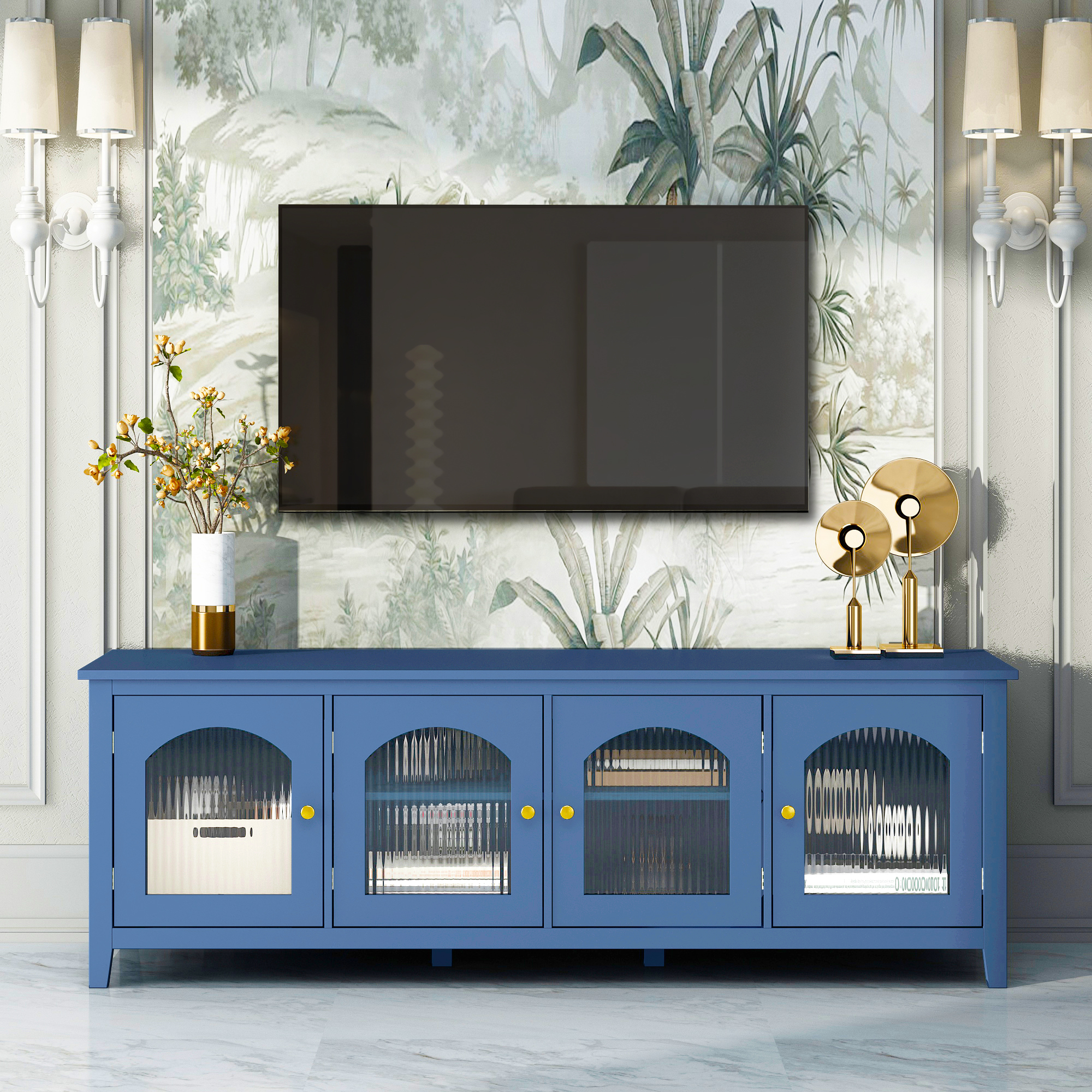 71-inch stylishTVcabinet Entertainment CenterTV stand,TVConsoleTable, Media Console,solidwood frame,Changhong glass door,Metal handle,antique blue,for the children's room,bedroom Living Room