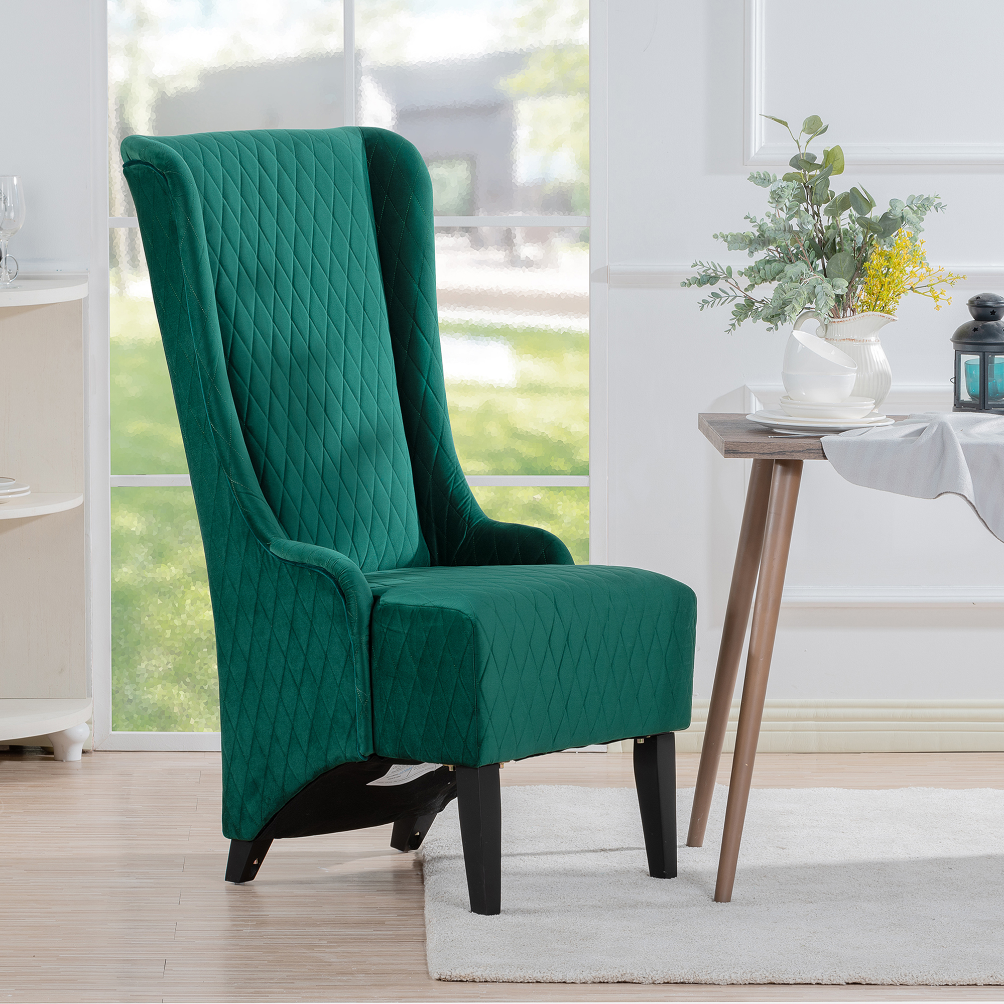 23.03" Wide High-Back Velvet Accent Chair, Comfy High Wingback Chair, Living Room Chair with Soft Padded & Wooden Legs, Modern Side Chair for Living Room, Bedroom, Green