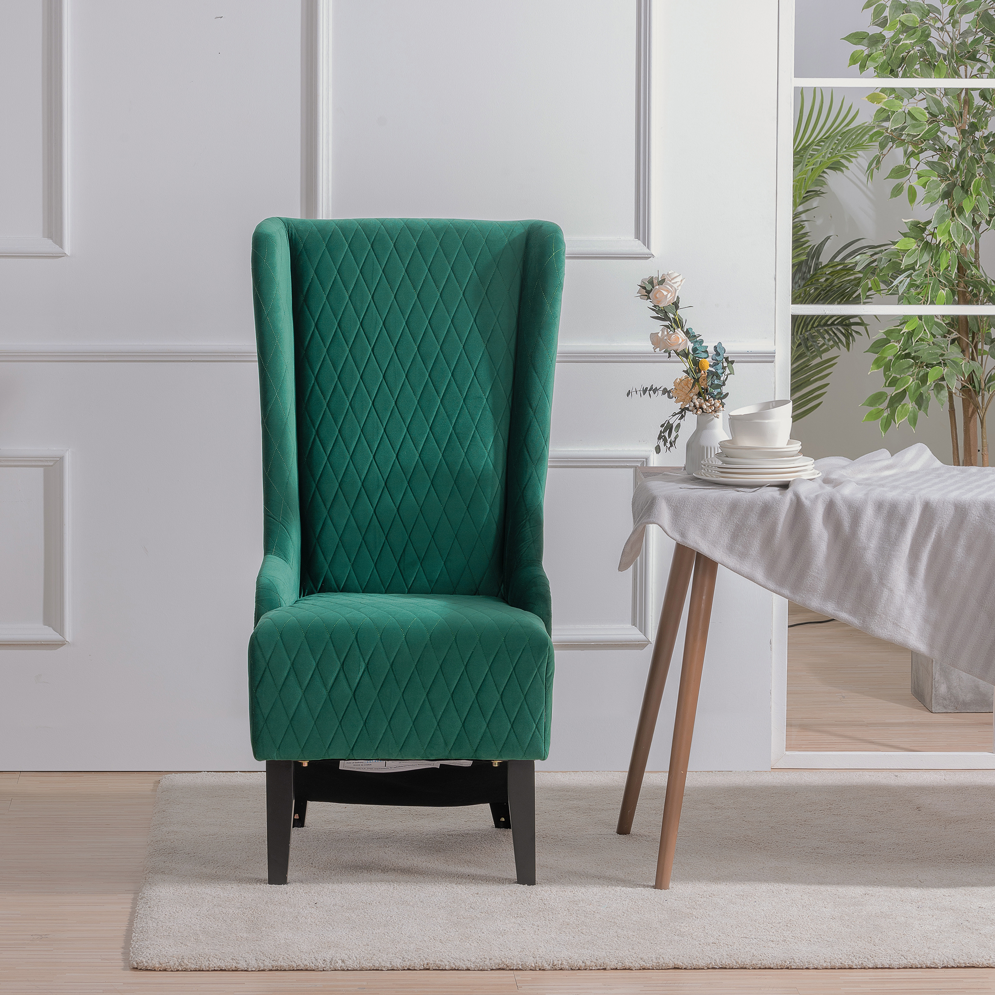 23.03" Wide High-Back Velvet Accent Chair, Comfy High Wingback Chair, Living Room Chair with Soft Padded & Wooden Legs, Modern Side Chair for Living Room, Bedroom, Green