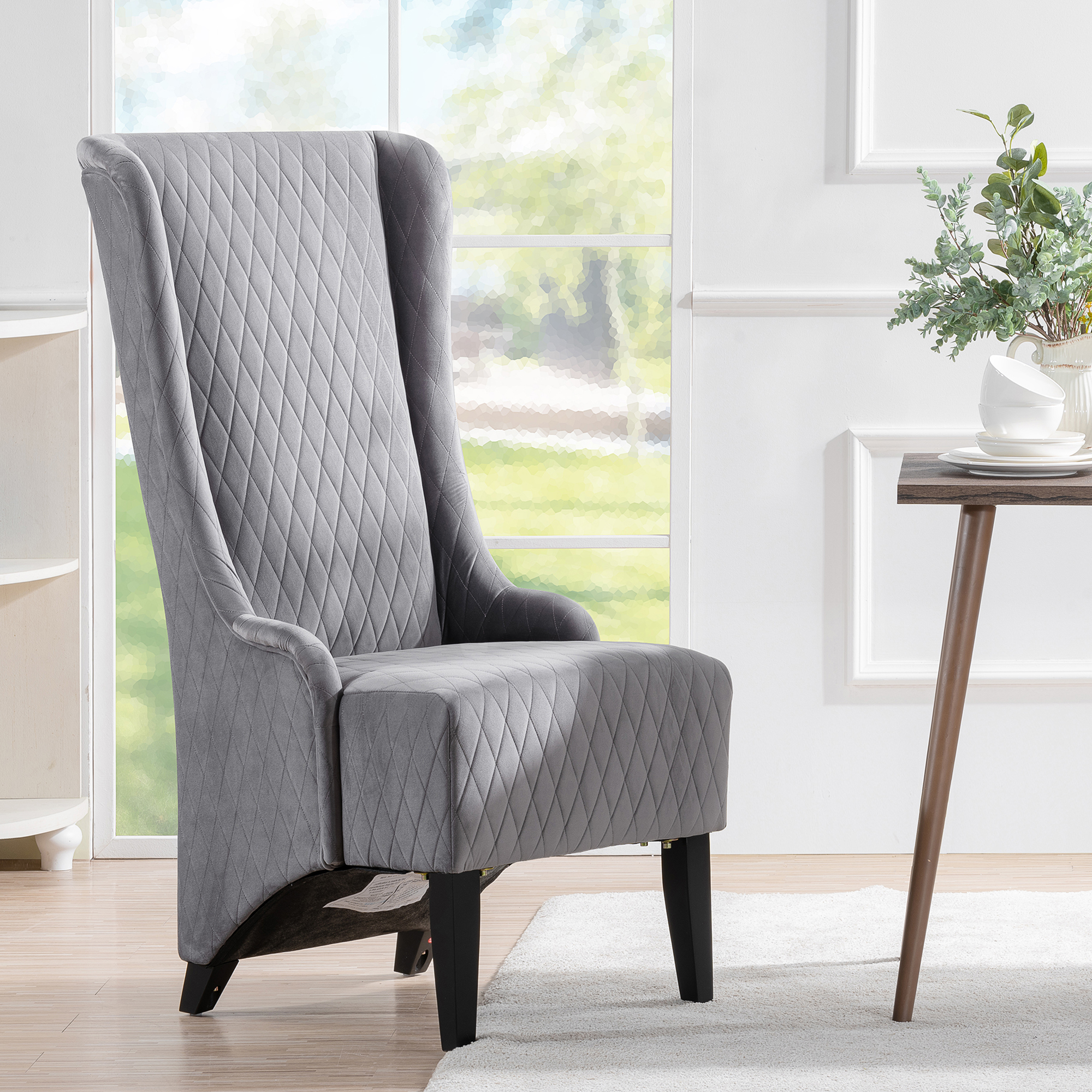 23.03" Wide High-Back Velvet Accent Chair, Comfy High Wingback Chair, Living Room Chair with Soft Padded & Wooden Legs, Modern Side Chair for Living Room, Bedroom, Grey