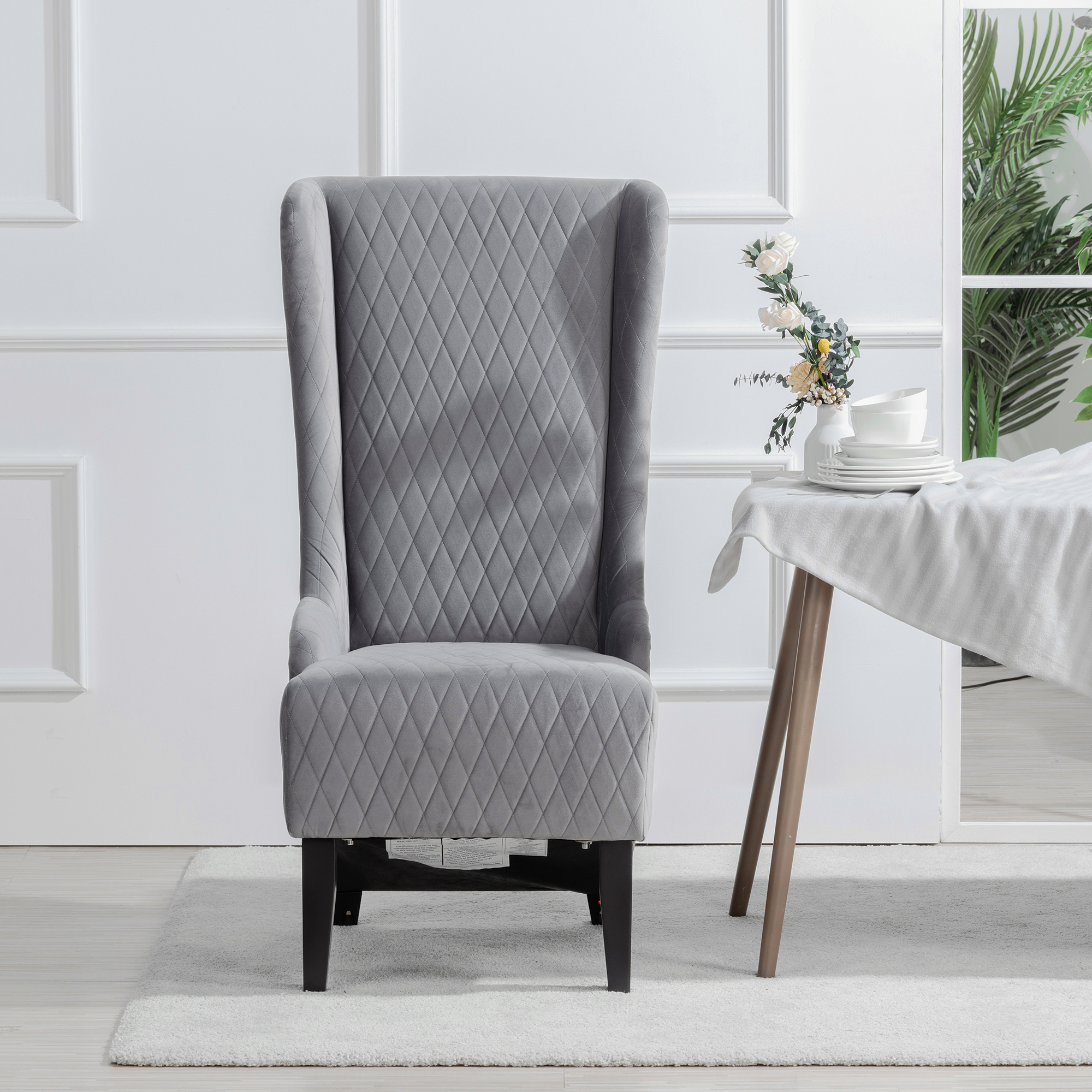 23.03" Wide High-Back Velvet Accent Chair, Comfy High Wingback Chair, Living Room Chair with Soft Padded & Wooden Legs, Modern Side Chair for Living Room, Bedroom, Grey