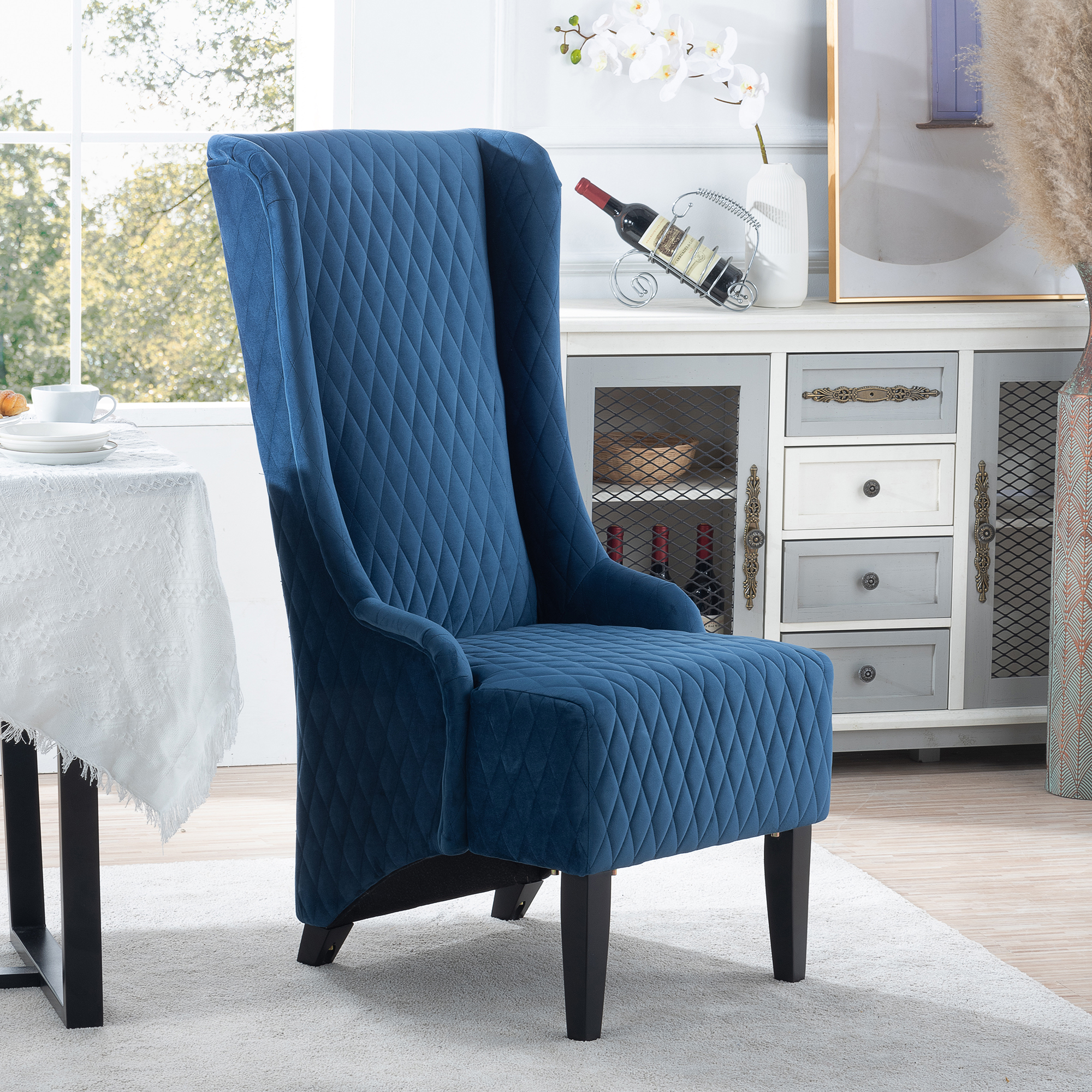 23.03''Wide High-Back Velvet Accent Chair, Comfy High Wingback Chair, Living Room Chair with Soft Padded & Wooden Legs, Modern Side Chair for Living Room, Bedroom, Blue