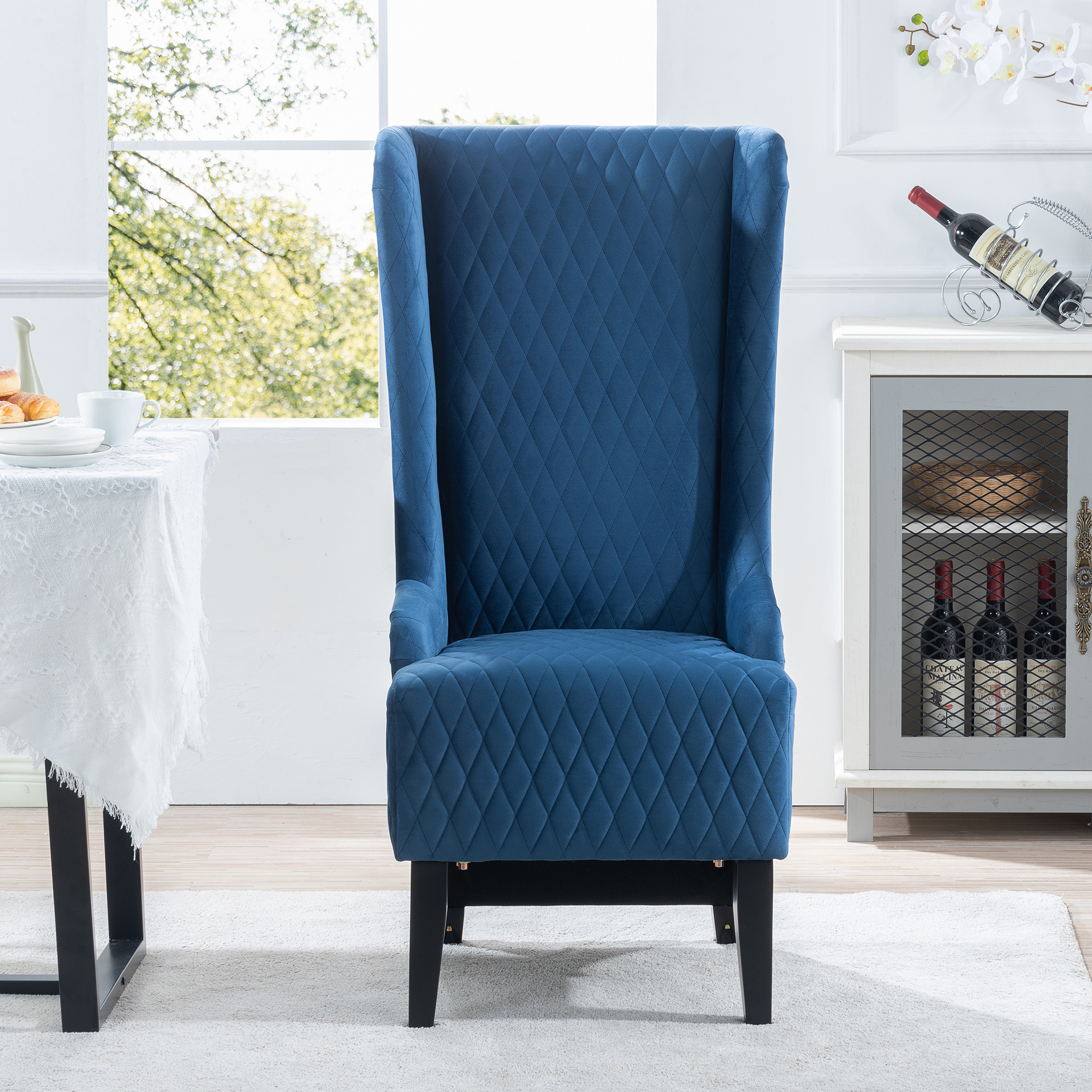 23.03''Wide High-Back Velvet Accent Chair, Comfy High Wingback Chair, Living Room Chair with Soft Padded & Wooden Legs, Modern Side Chair for Living Room, Bedroom, Blue