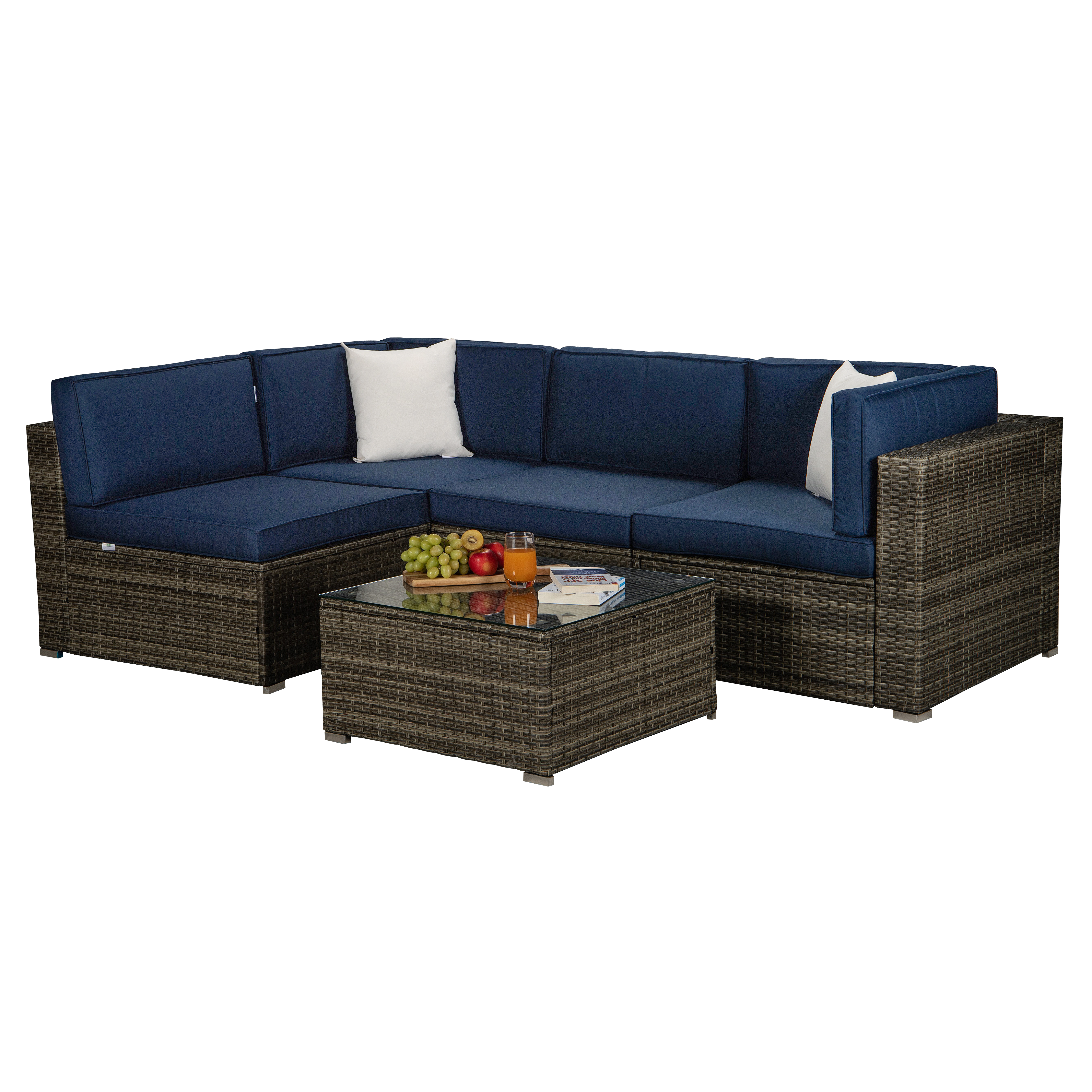 Beefurni Outdoor Garden Patio Furniture 5-Piece Gray PE Rattan Wicker Sectional Navy Cushioned Sofa Sets with 2 Beige Pillows-Boyel Living