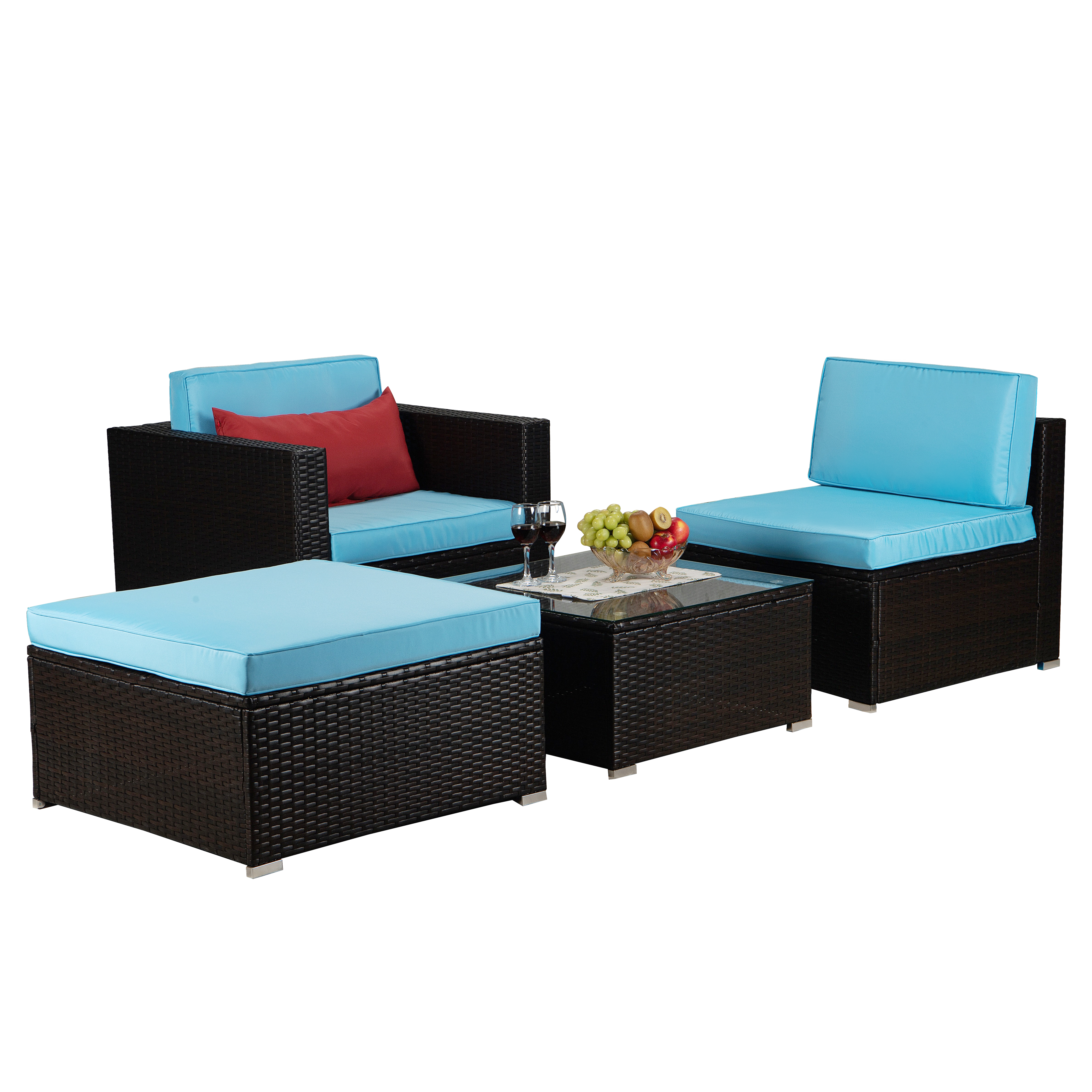 Beefurni Outdoor Garden Patio Furniture 4-Piece Brown PE Rattan Wicker Sectional Blue Cushioned Sofa Sets with 1 Red Pillow-Boyel Living