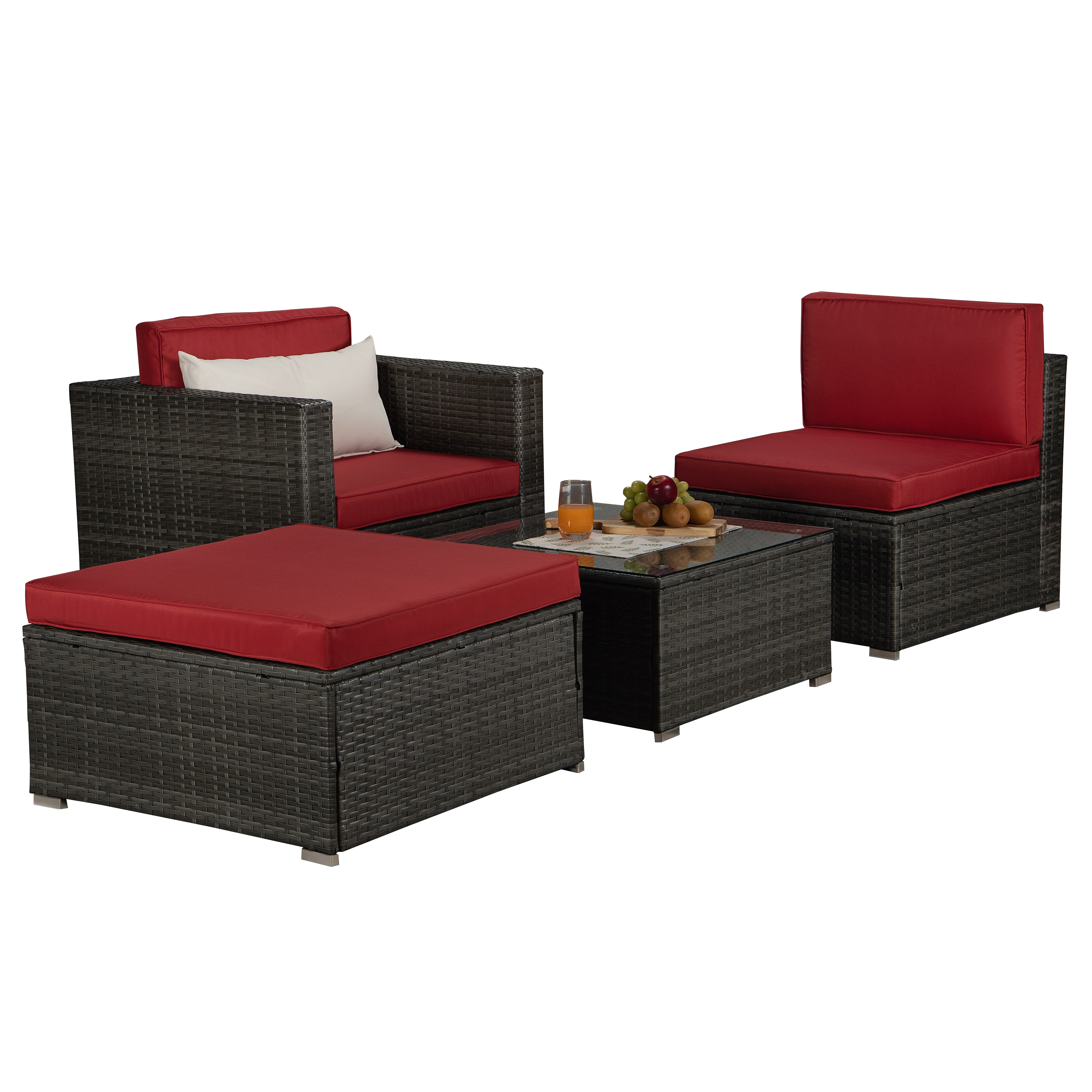 Beefurni Outdoor Garden Patio Furniture 4-Piece Gray PE Rattan Wicker Sectional Red Cushioned Sofa Sets with 1 Beige Pillow-Boyel Living