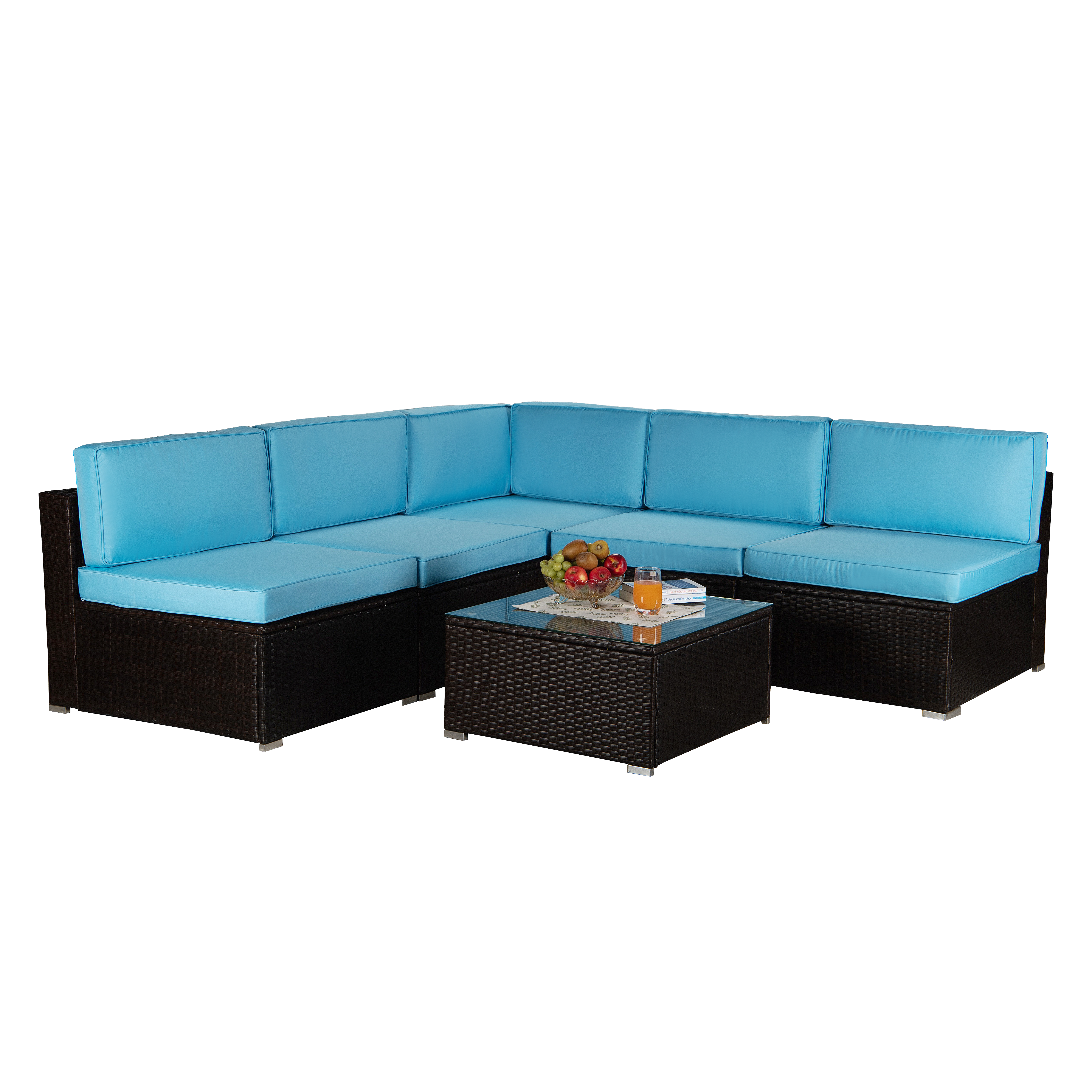 Beefurni Outdoor Garden Patio Furniture 6-Piece Brown PE Rattan Wicker Sectional Blue Cushioned Sofa Sets-Boyel Living