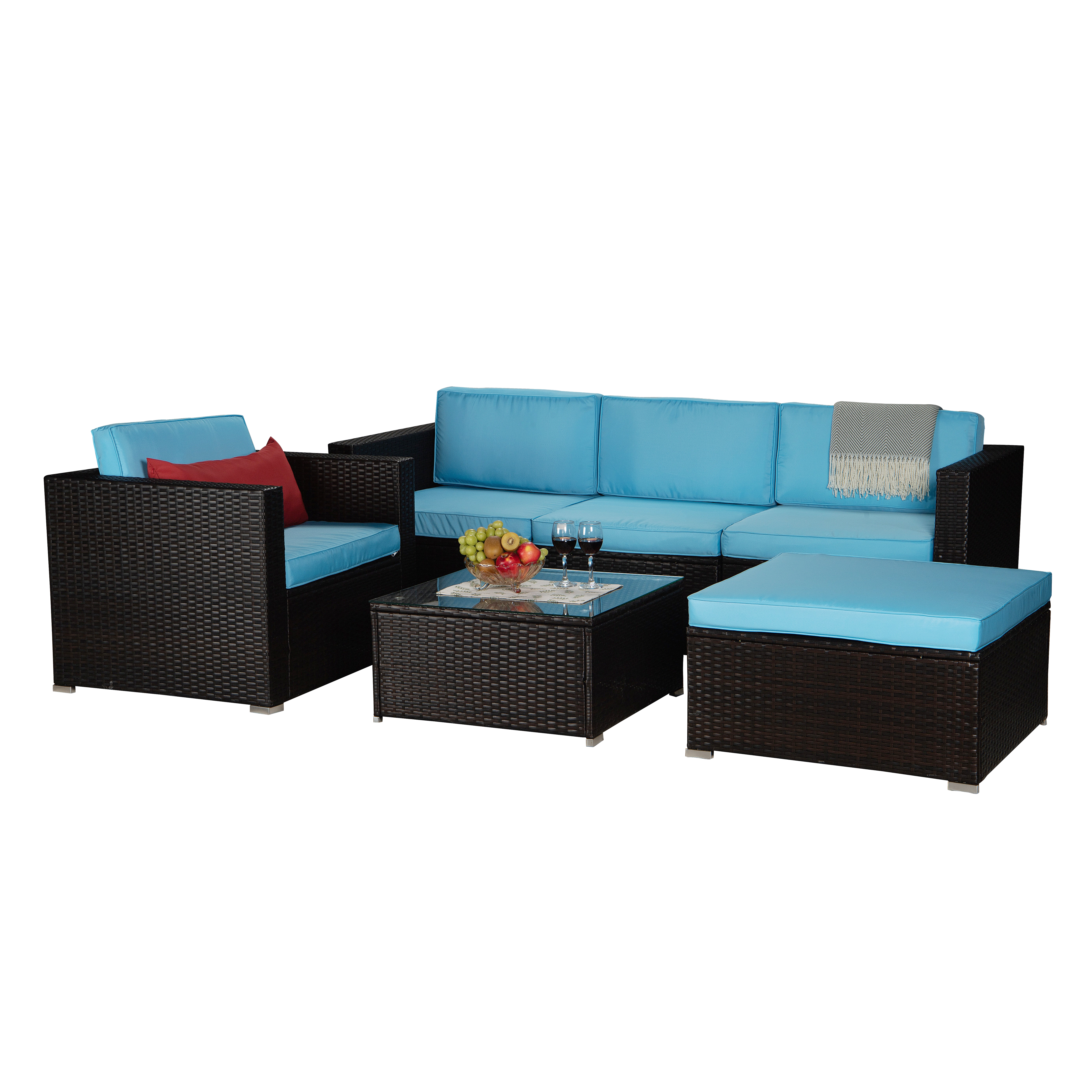 Beefurni Outdoor Garden Patio Furniture 6-Piece Brown PE Rattan Wicker Sectional Blue Cushioned Sofa Sets with 1 Red Pillow-Boyel Living