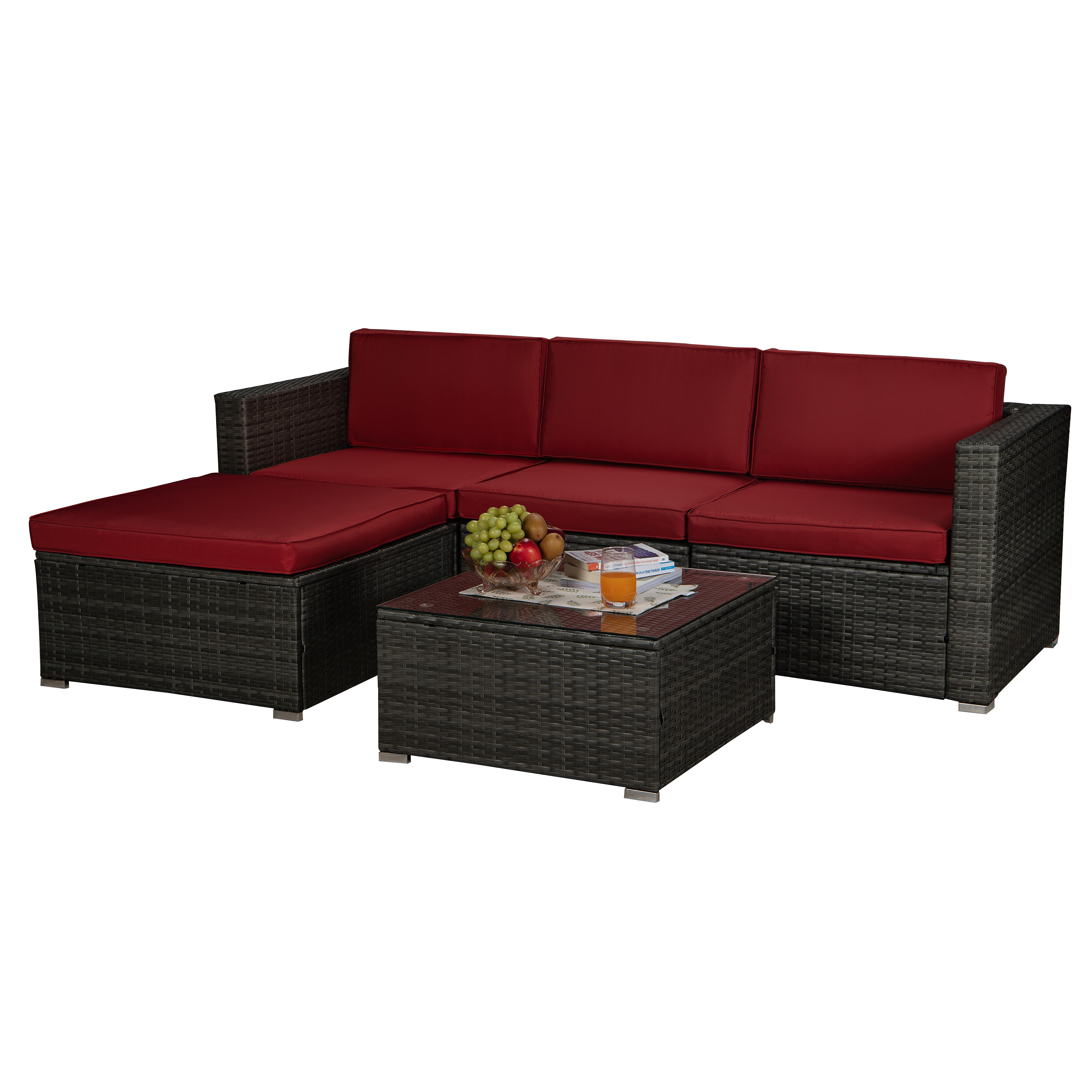 Beefurni Outdoor Garden Patio Furniture 5-Piece Gray PE Rattan Wicker Sectional Red Cushioned Sofa Sets-Boyel Living