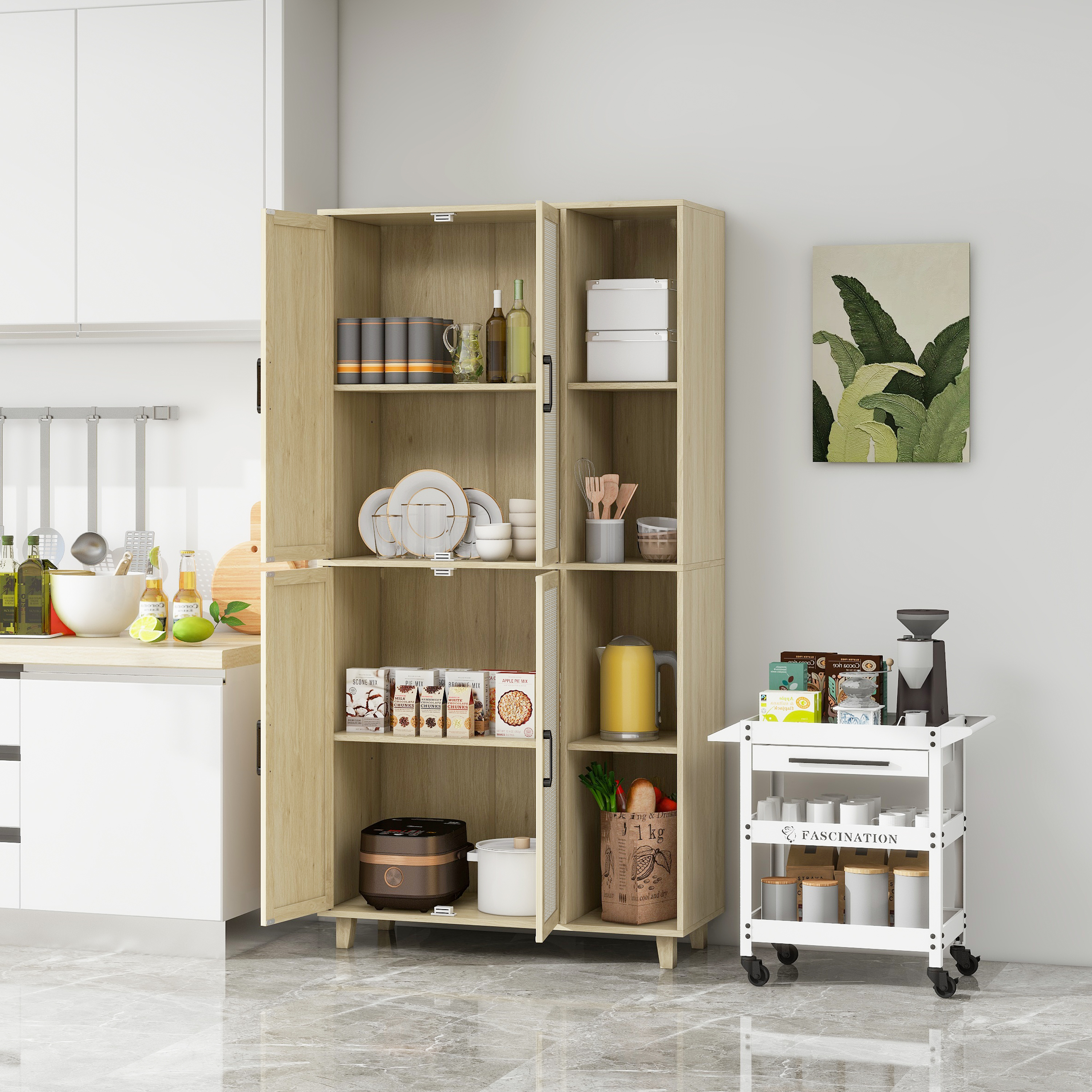 4 Door Cabinet with 4 Shelves with 4 Adjustable Inner Shelves, Storage Cabinet