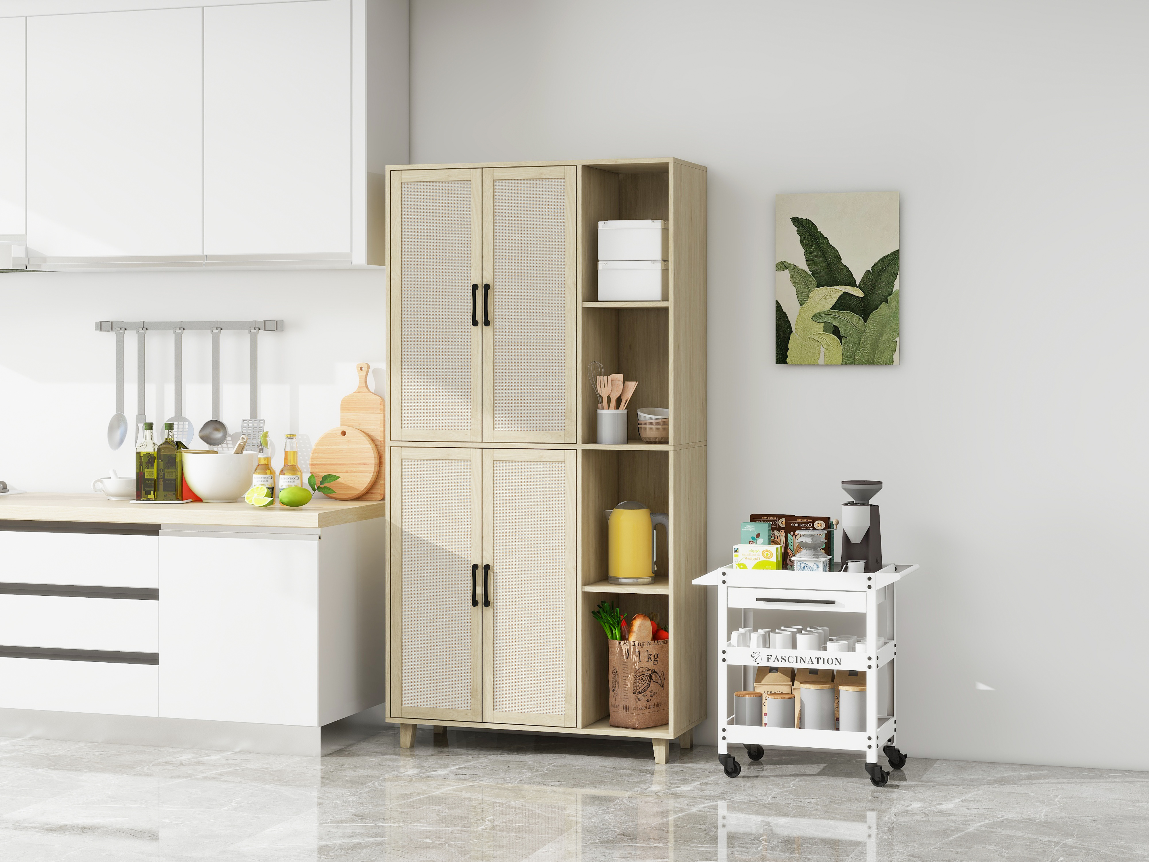 4 Door Cabinet with 4 Shelves with 4 Adjustable Inner Shelves, Storage Cabinet