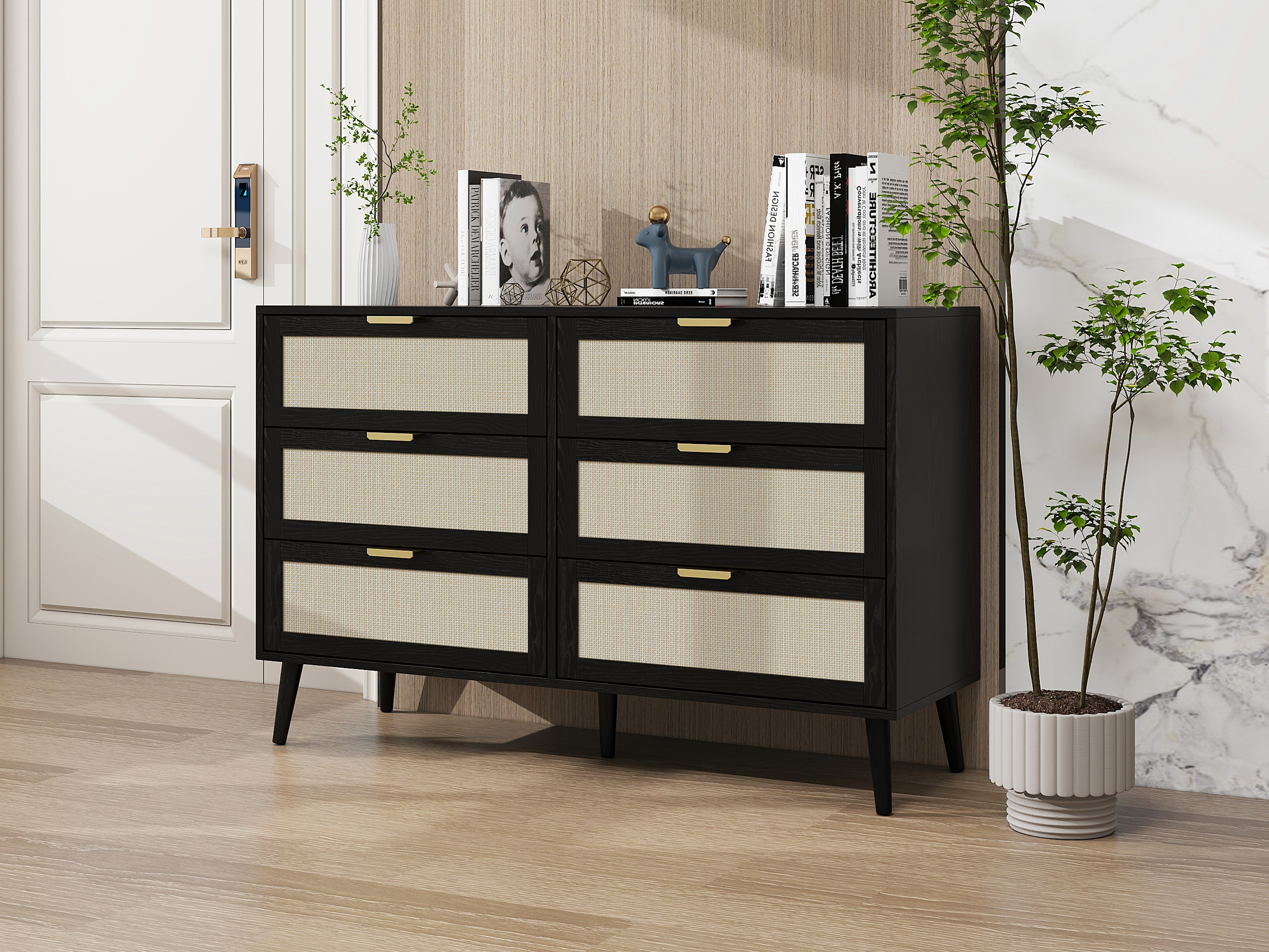 Modern 6 Drawer Dresser Wood Cabinet (Black)