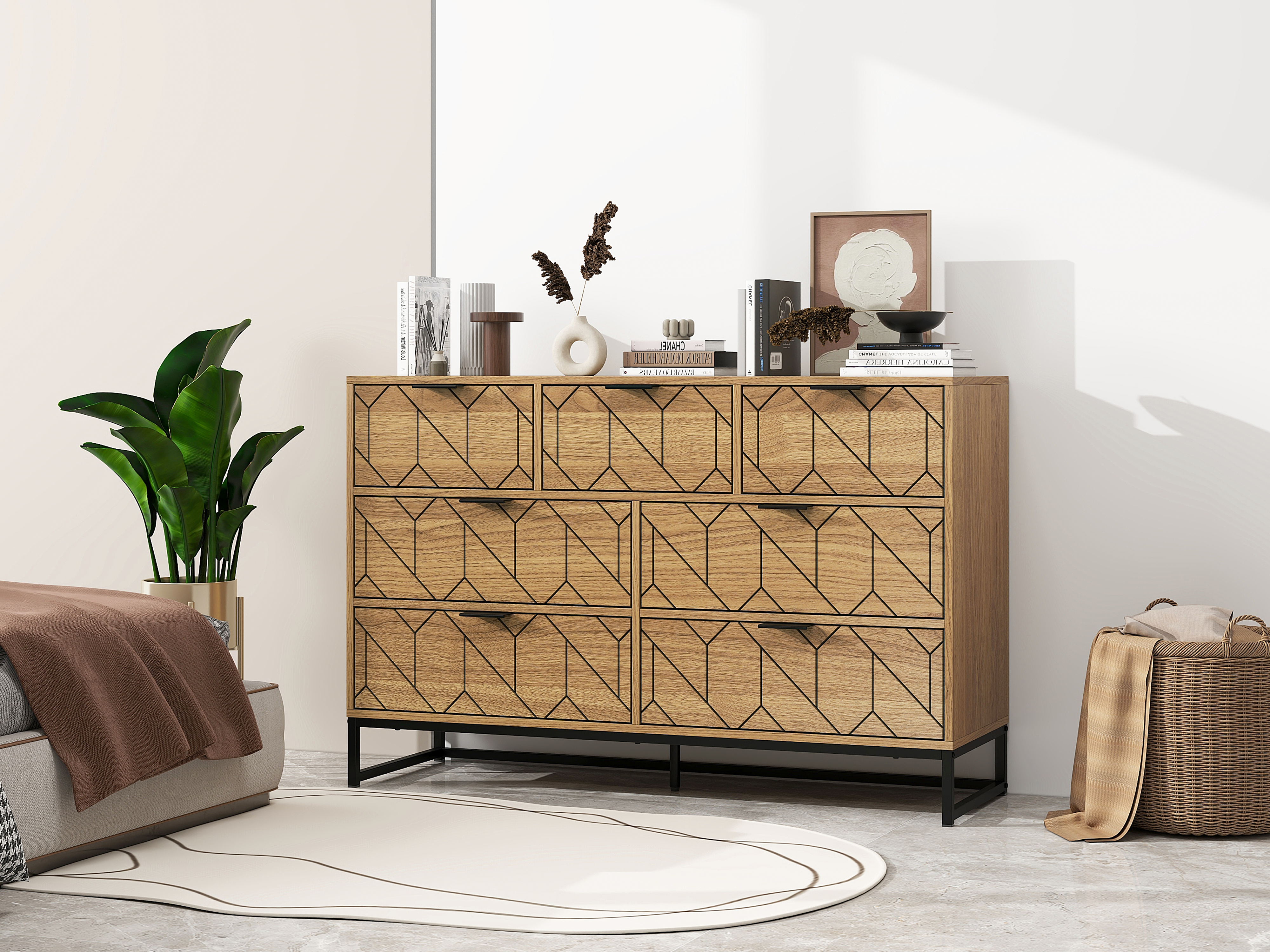 Modern 7 Drawer Dresser Wood Cabinet (Walnut)