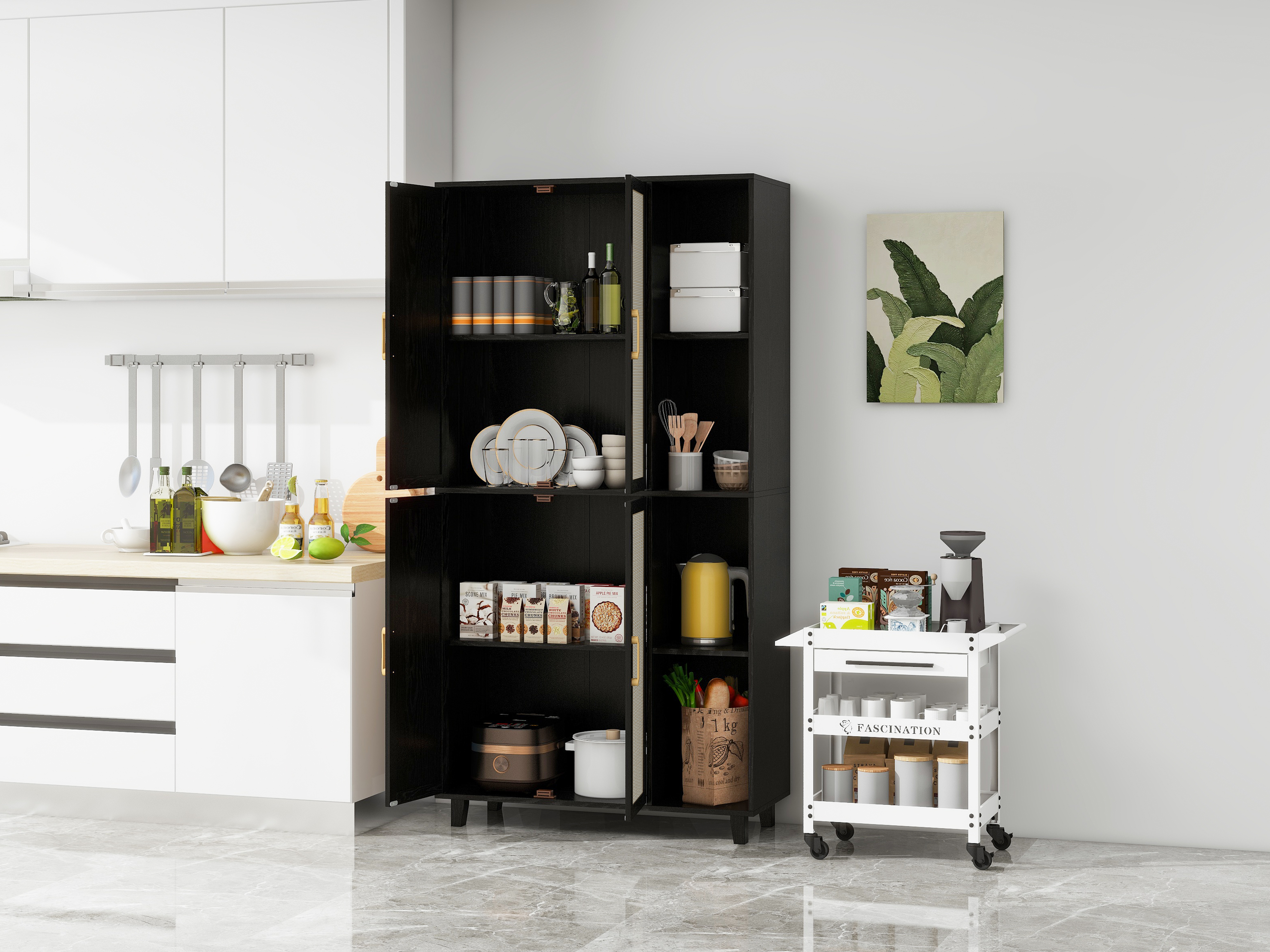 4 Door Cabinet with 4 Shelves with 4 Adjustable Inner Shelves, Storage Cabinet