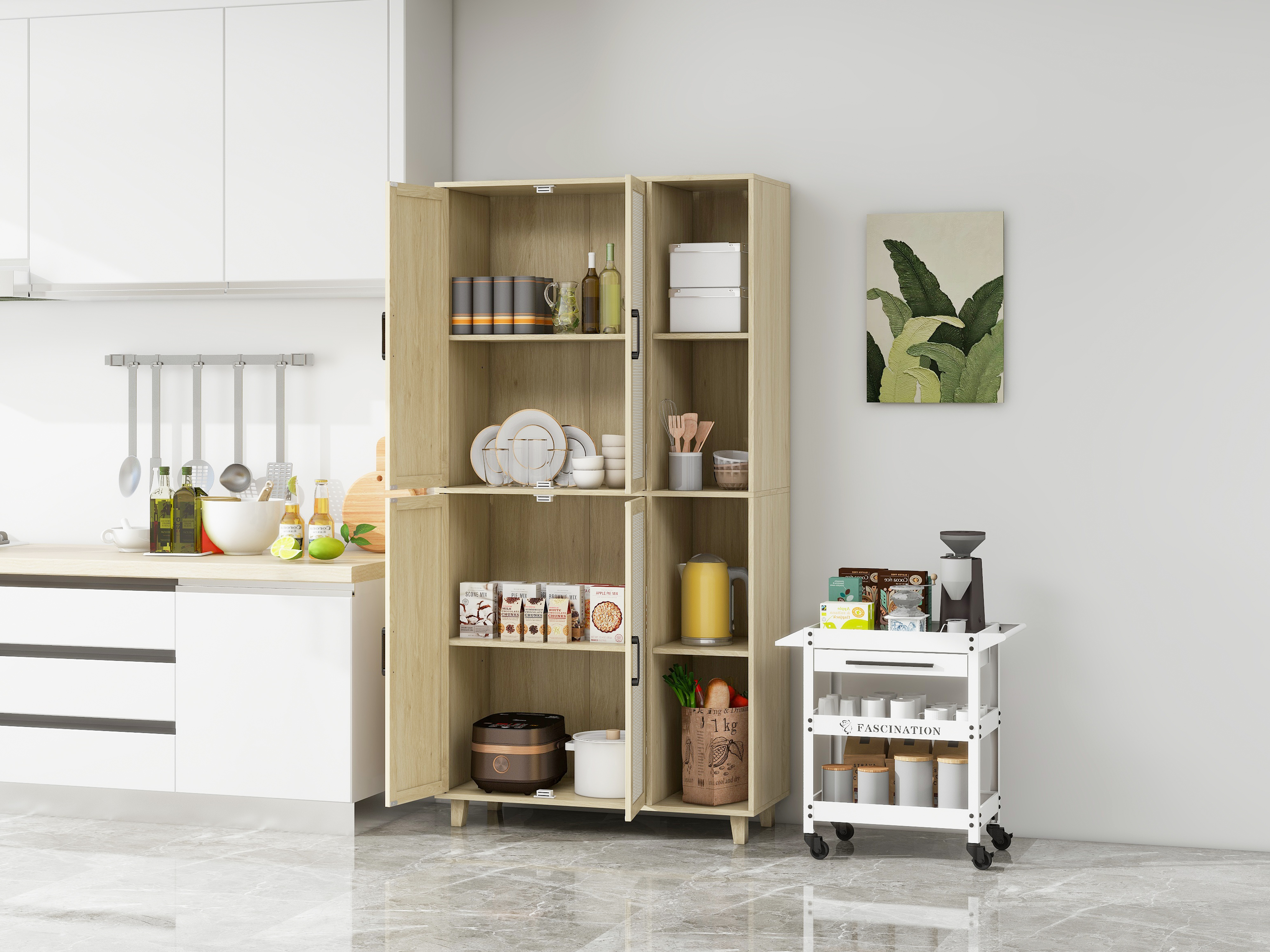 4 Door Cabinet with 4 Shelves with 4 Adjustable Inner Shelves, Storage Cabinet