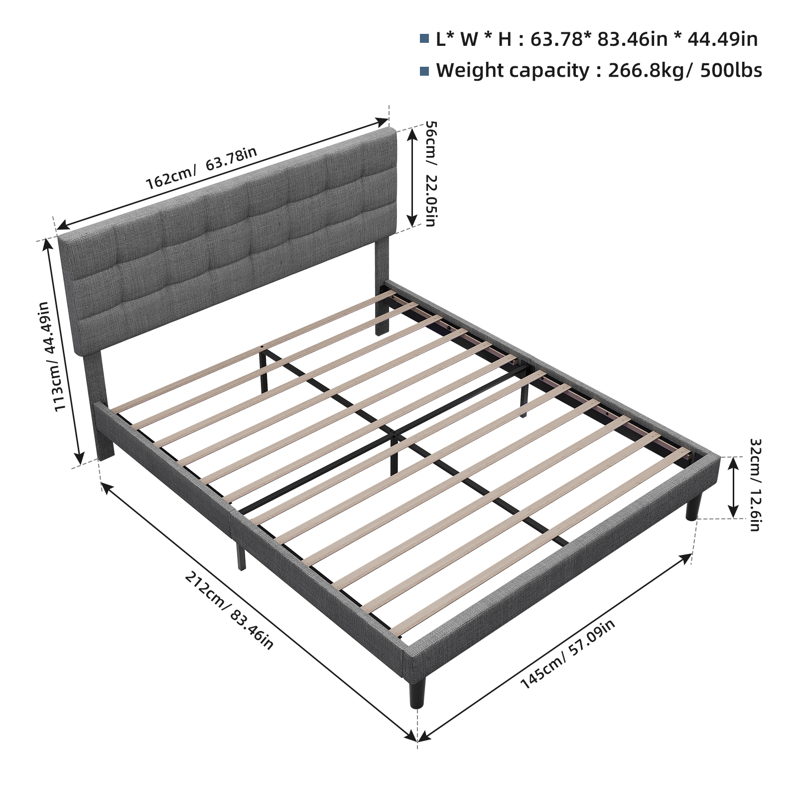 Queen Size Upholstered Platform Bed Linen Bed Frame with Lights Square Stitched Adjustable Headboard Strong Bed Slats System No Box Spring Needed Grey