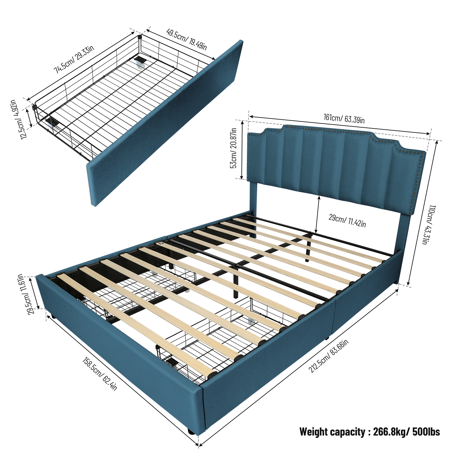 Queen Size Upholstered Platform Bed Linen Bed Frame with 2 Drawers Stitched Padded Headboard with Rivets Design Strong Bed Slats System No Box Spring Needed Blue