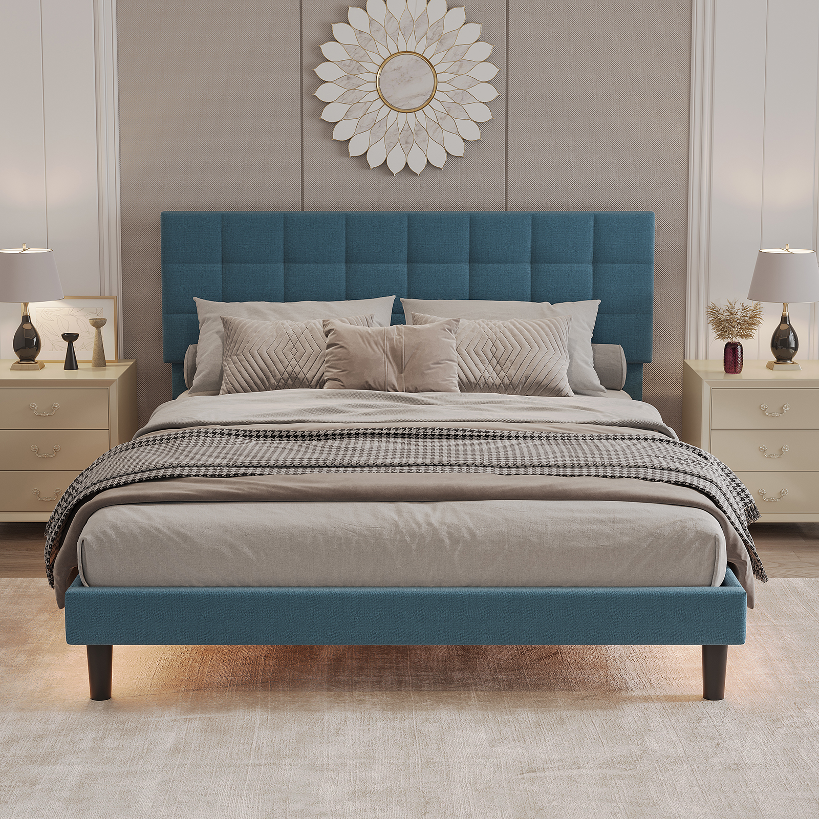 Queen Size Upholstered Platform Bed Linen Bed Frame with Lights Square Stitched Adjustable Headboard Strong Bed Slats System No Box Spring Needed Blue