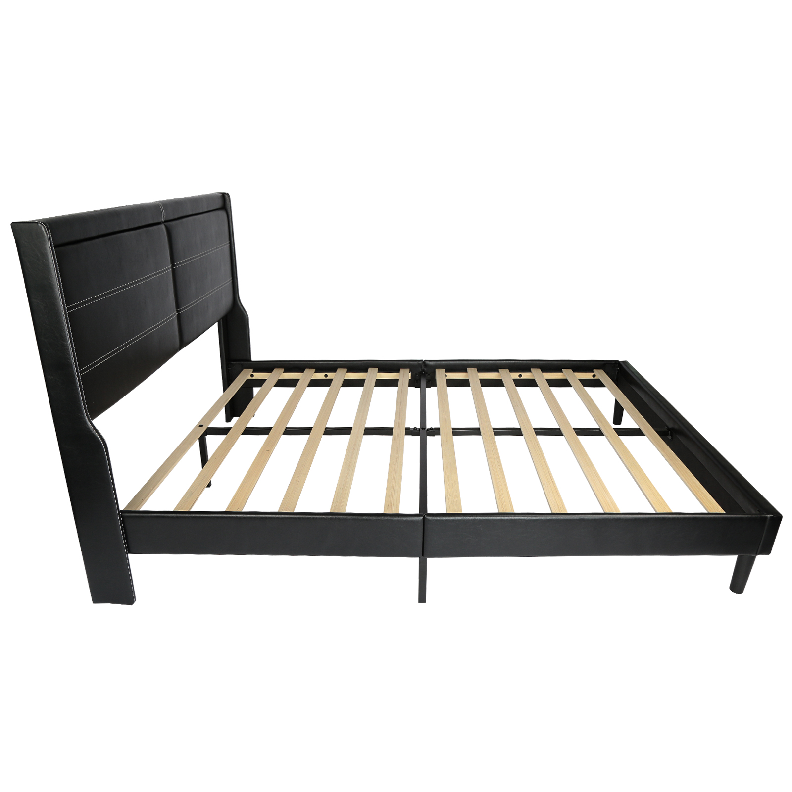 Queen PU Leather Upholstered Bed Frame with Lights,Platform Bed Frame with Stitched Wing-Backed Headboard Strong Wooden Slats Bed Canopy,No Box Spring Needed,Black