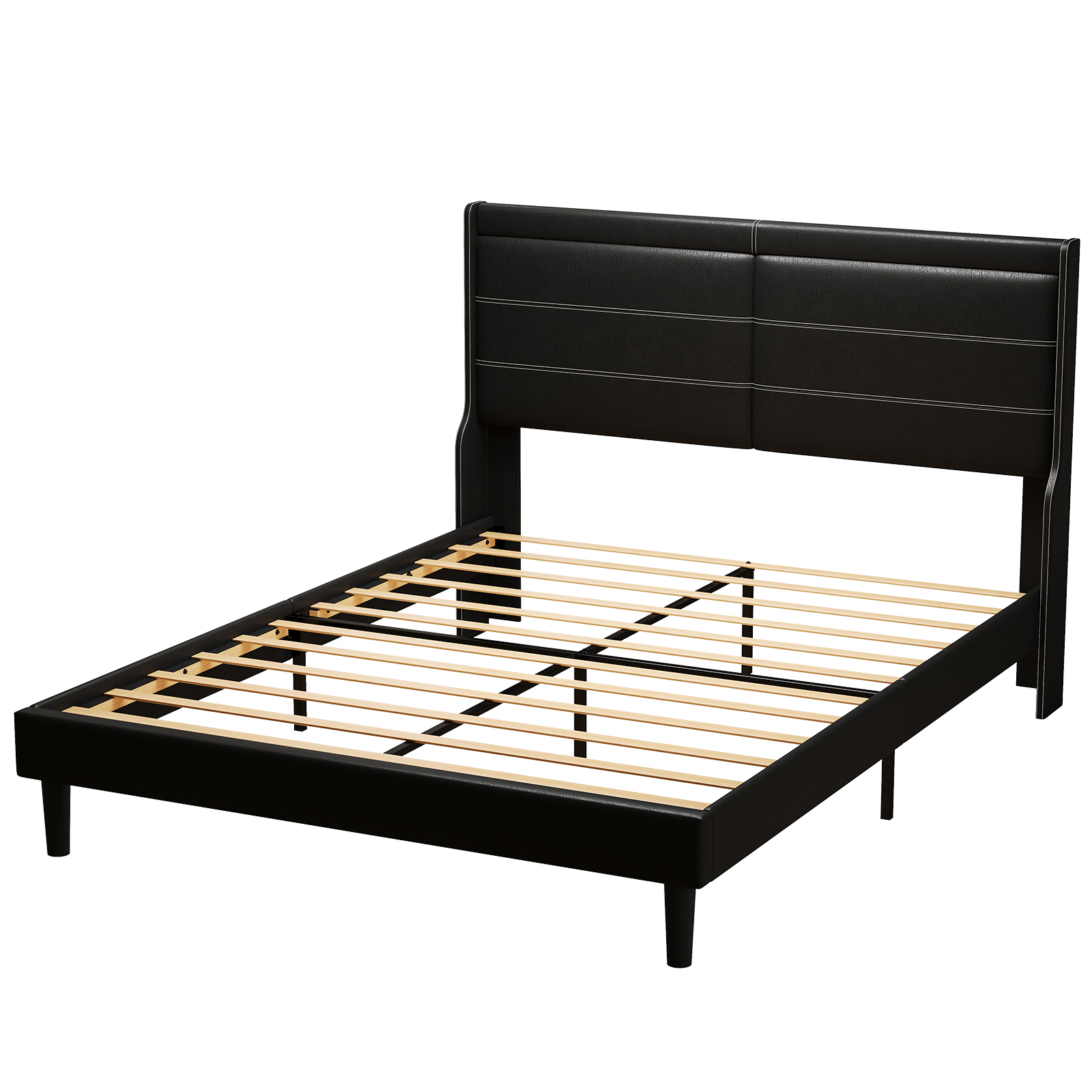 Queen PU Leather Upholstered Bed Frame with Lights,Platform Bed Frame with Stitched Wing-Backed Headboard Strong Wooden Slats Bed Canopy,No Box Spring Needed,Black