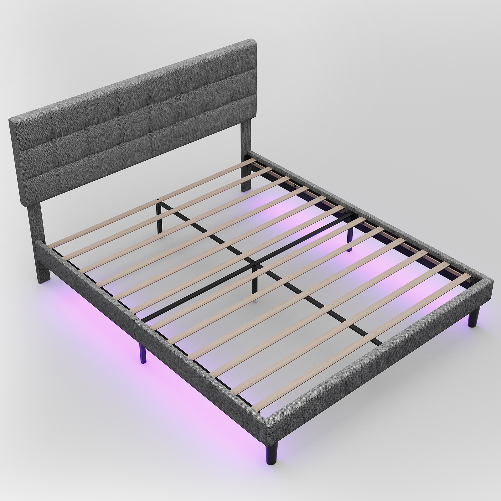 Queen Size Upholstered Platform Bed Linen Bed Frame with Lights Square Stitched Adjustable Headboard Strong Bed Slats System No Box Spring Needed Grey