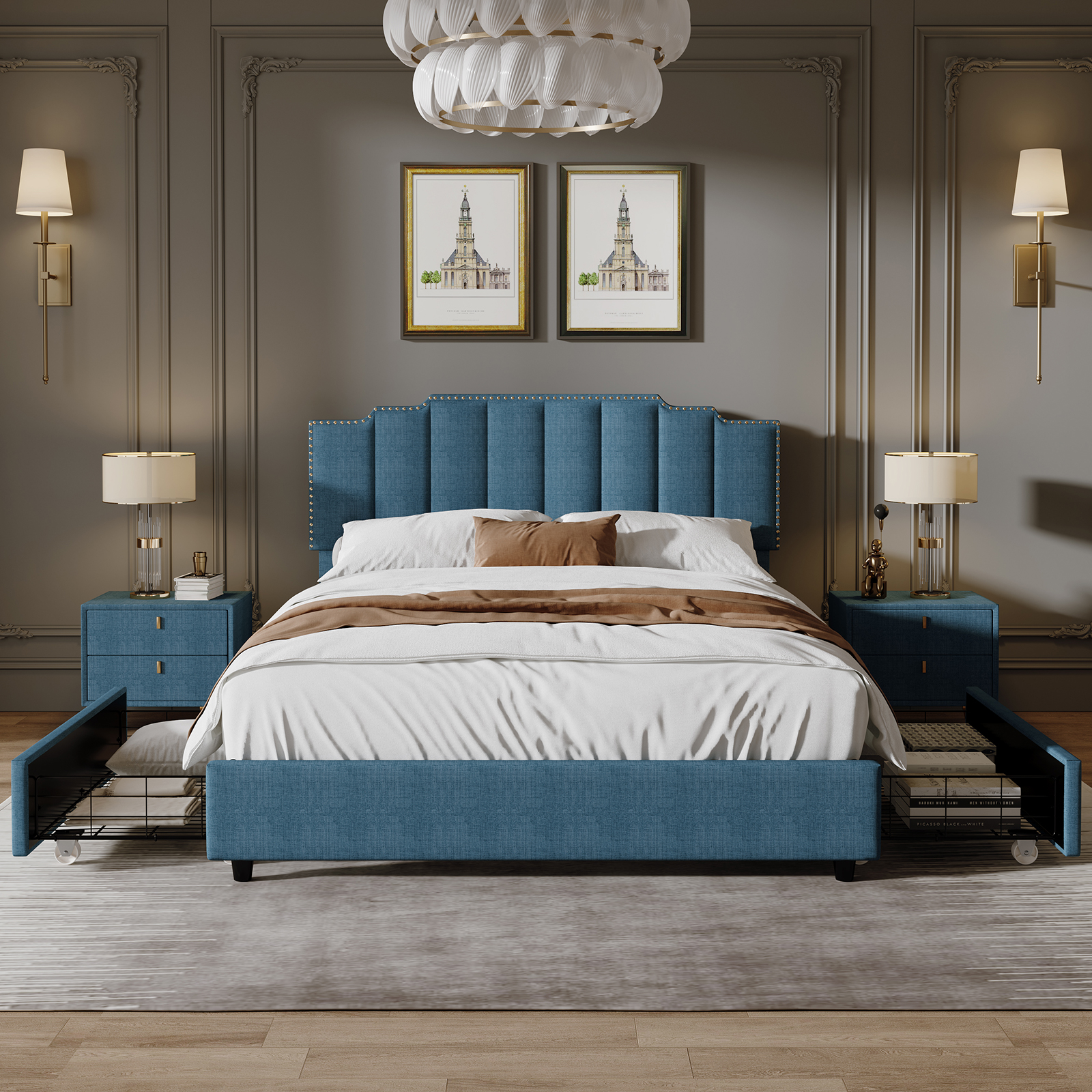 Queen Size Upholstered Platform Bed Linen Bed Frame with 2 Drawers Stitched Padded Headboard with Rivets Design Strong Bed Slats System No Box Spring Needed Blue