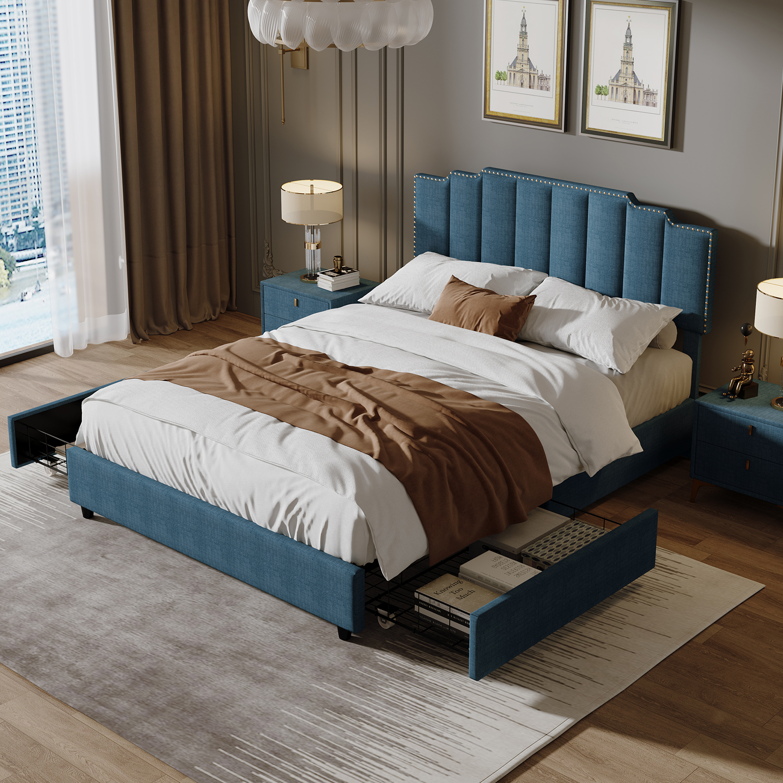 Queen Size Upholstered Platform Bed Linen Bed Frame with 2 Drawers Stitched Padded Headboard with Rivets Design Strong Bed Slats System No Box Spring Needed Blue