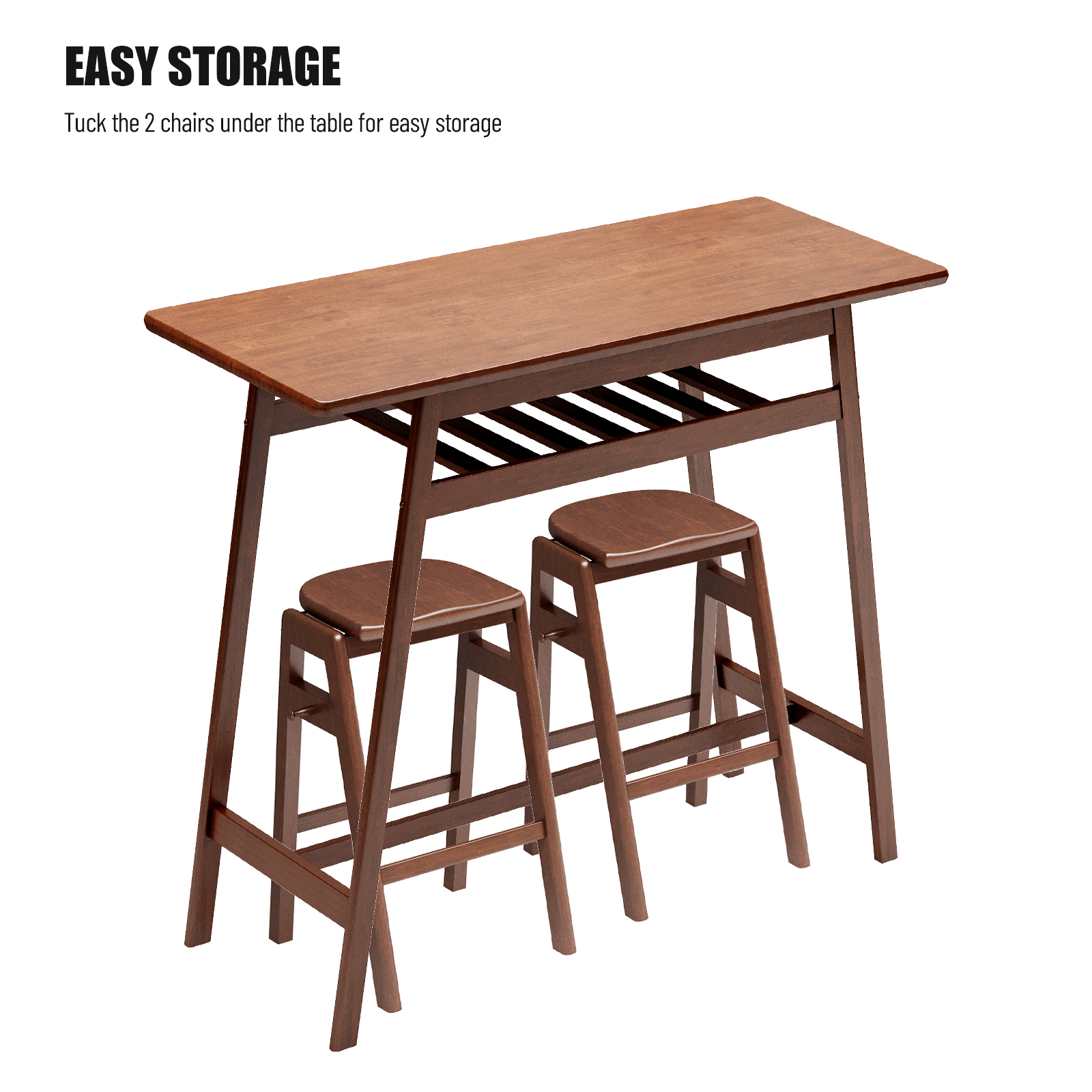 3 PCS Pub Dining Set Retro Bar Table Rubber Wood Stackable Backless High Stool for 2 with Shelf and Hooks for Home Bar Small Space