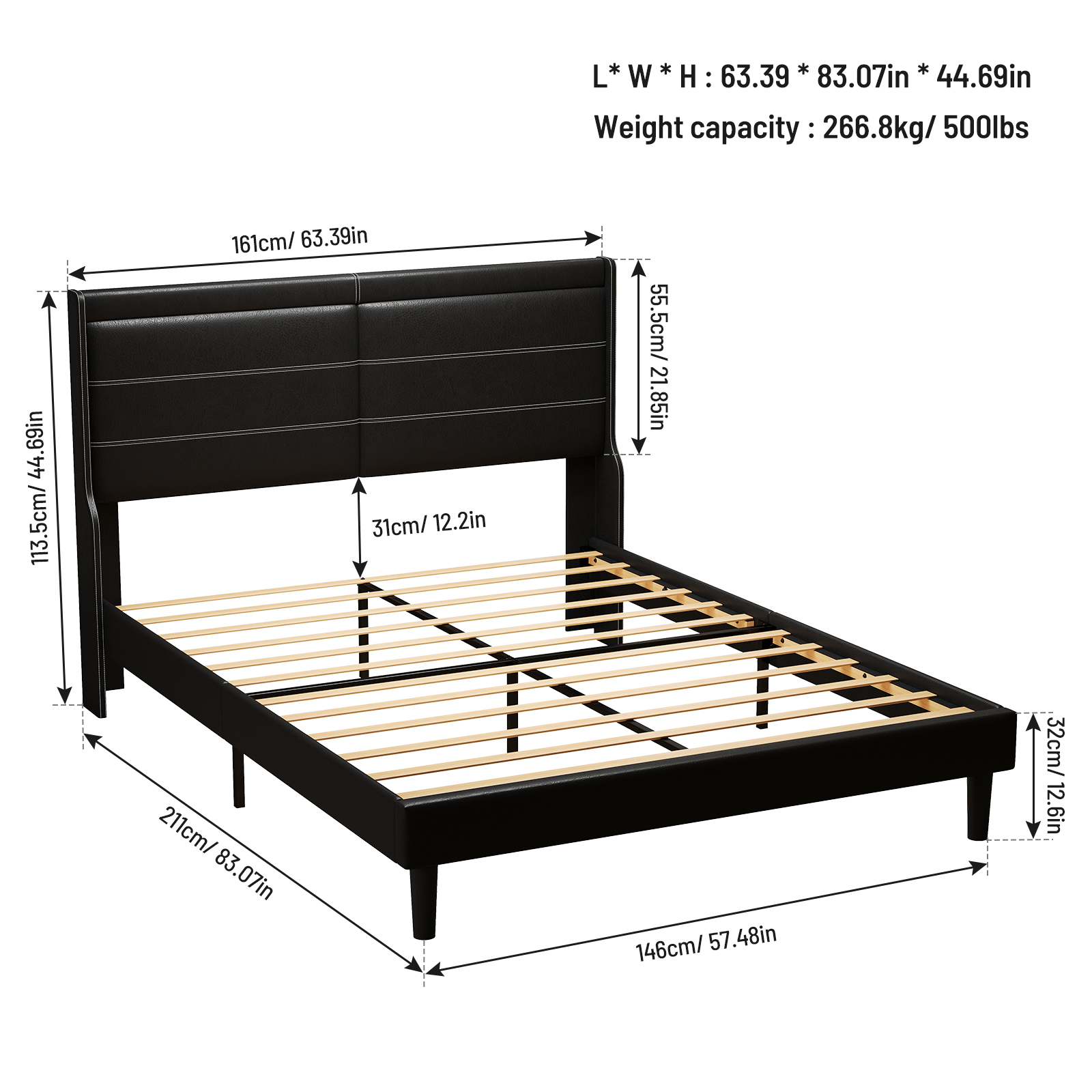 Queen PU Leather Upholstered Bed Frame with Lights,Platform Bed Frame with Stitched Wing-Backed Headboard Strong Wooden Slats Bed Canopy,No Box Spring Needed,Black