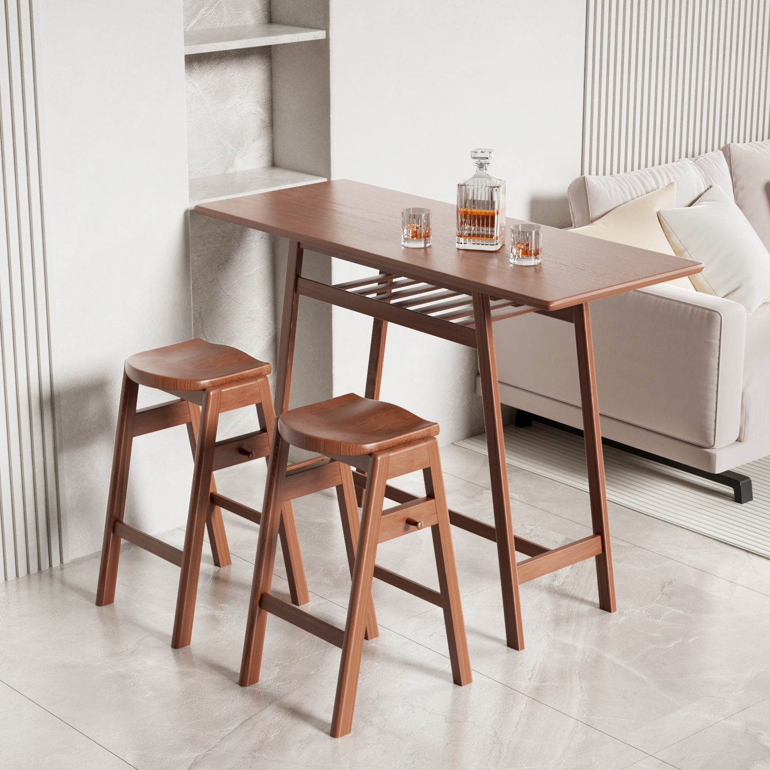 3 PCS Pub Dining Set Retro Bar Table Rubber Wood Stackable Backless High Stool for 2 with Shelf and Hooks for Home Bar Small Space