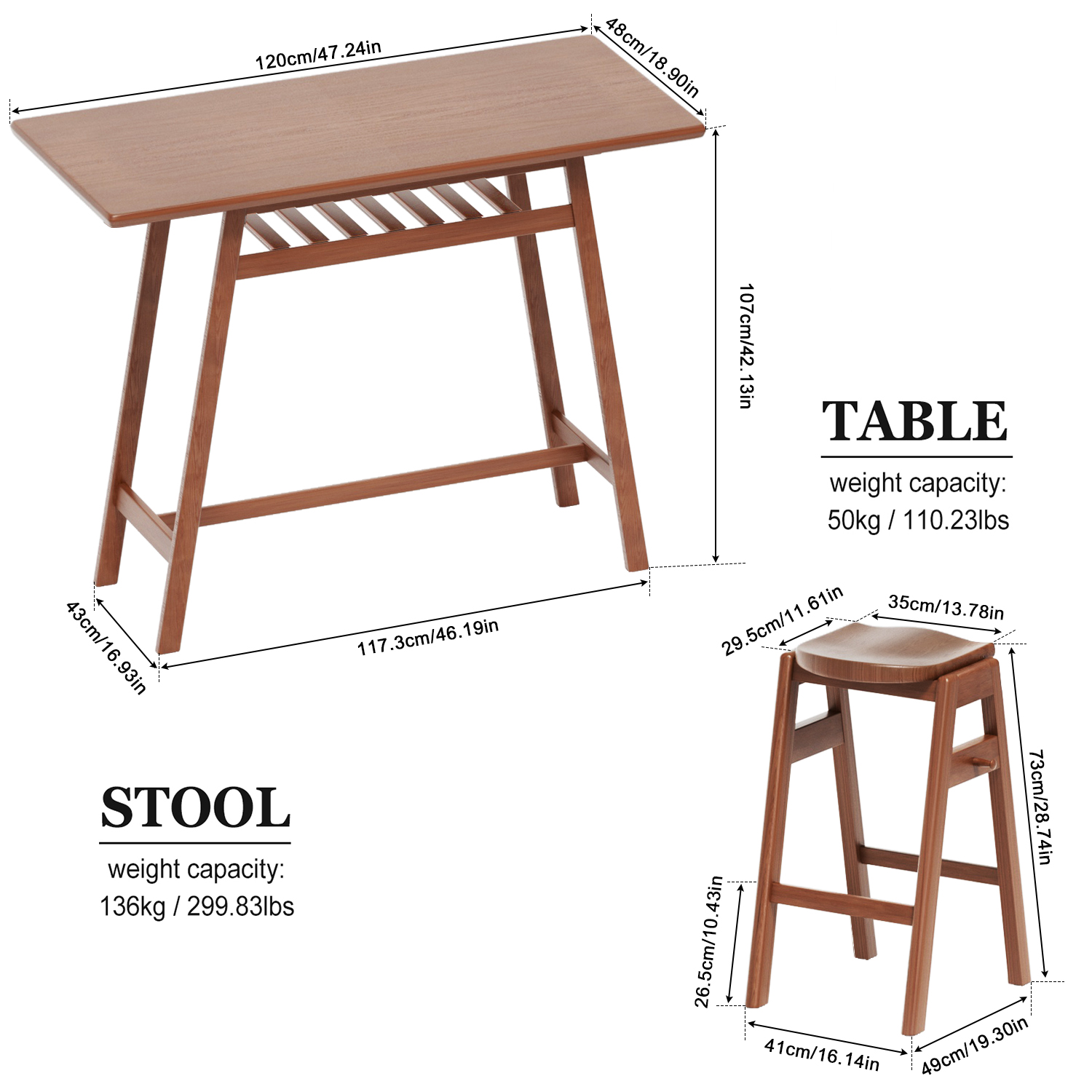 3 PCS Pub Dining Set Retro Bar Table Rubber Wood Stackable Backless High Stool for 2 with Shelf and Hooks for Home Bar Small Space