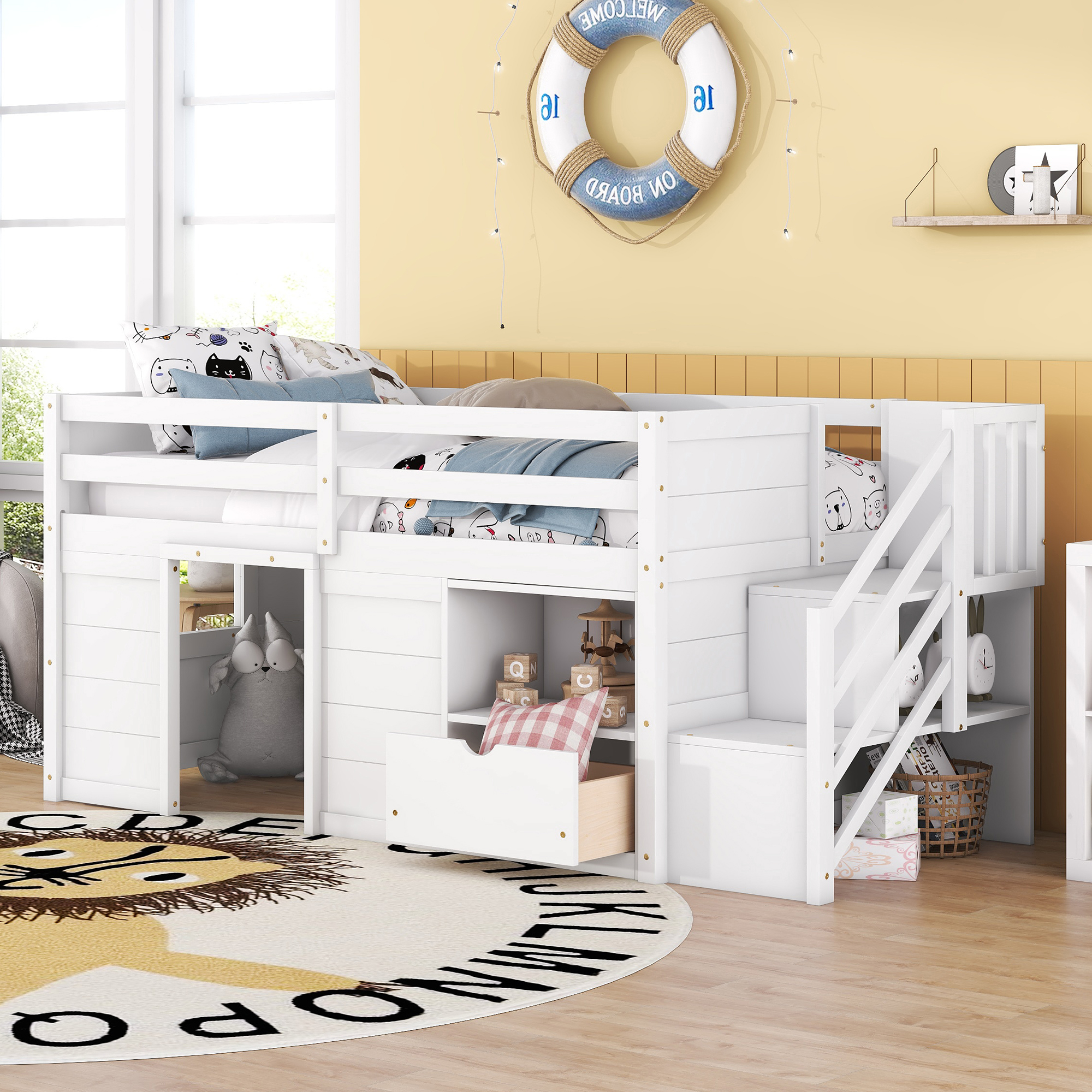 TWIN BED, SOLID WOOD TWIN SIZE LOW LOFT BED WITH STAIR, DRAWER, AND SHELF OF WHITE COLOR